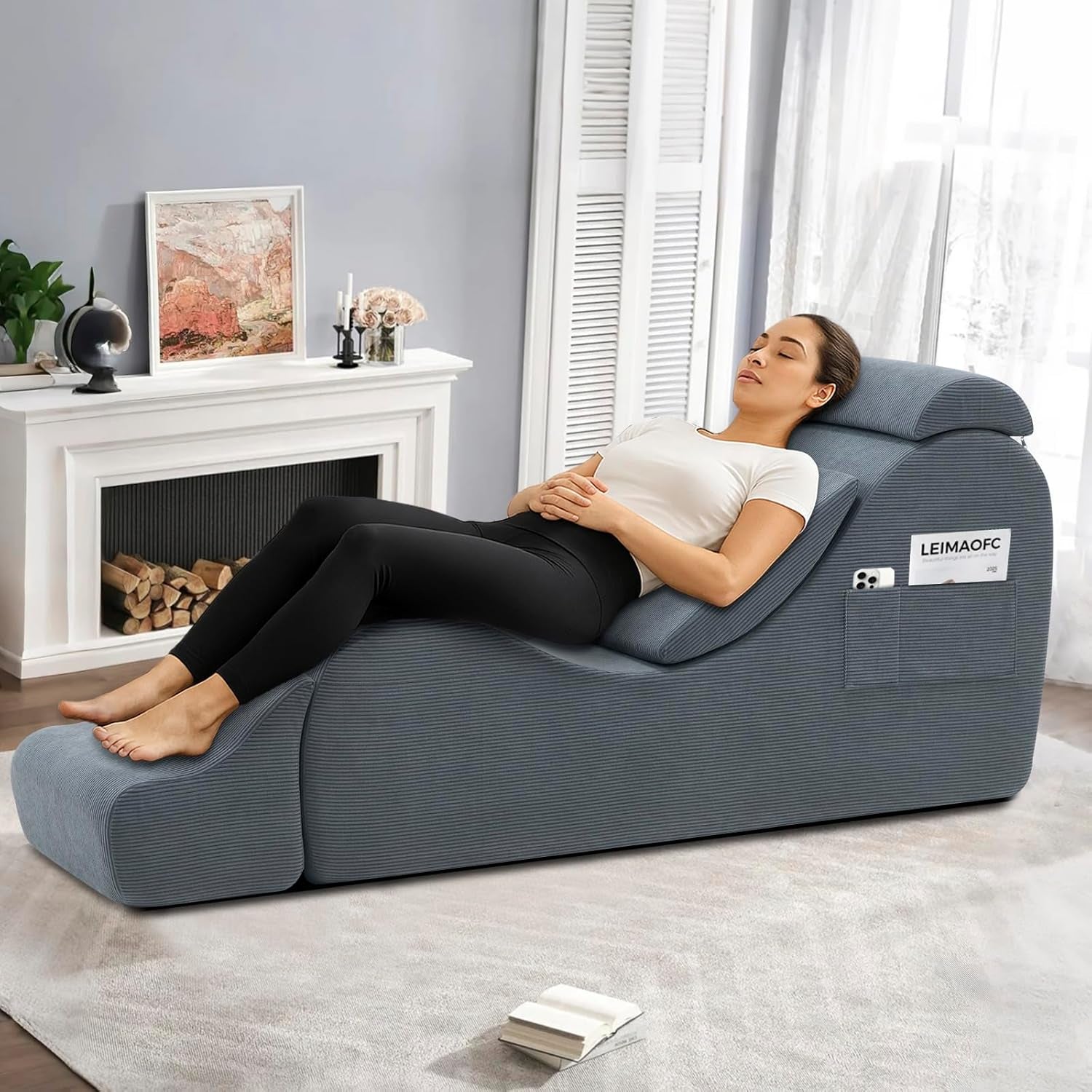 Yoga Chair Lounge for Adult, Ergonomic Chaise Lounge Chair with Side Pocket, Headrest, Waist Pad, Ottoman，Perfect for Stretching, Massage, and Relaxation, Used in Living Room, Bedroom（Dark Gray）