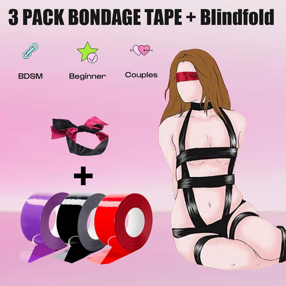 DarkWrap Reusable Bondage Tape Set with Silk Blindfold, 3 Rolls