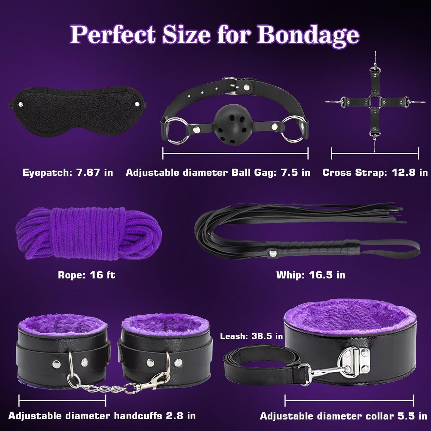BDSM Sex Bondage Kit Restraints - 12PCS Sets with Adjustable Handcuffs Collar Ankle Cuff Blindfold Feather Tickler Anal Plug Adult Games Sex Toys for Men Women Couples Purple
