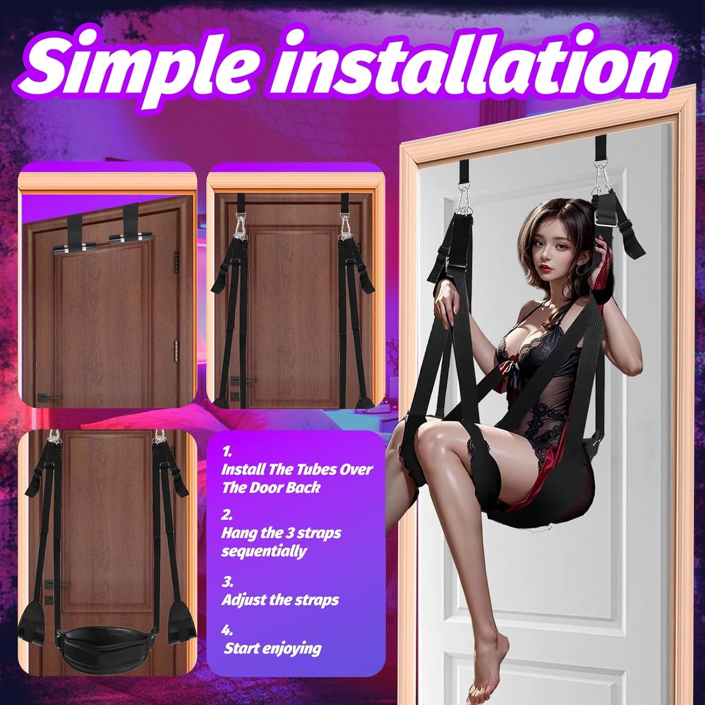 BDSM Door Sex Swing with Restraint Handcuffs, Ankle Cuffs, Adjustable Restraint Straps, and Butt Support, Bondage Sex Toy for Adults or Couples. (Without Pullup Bar)