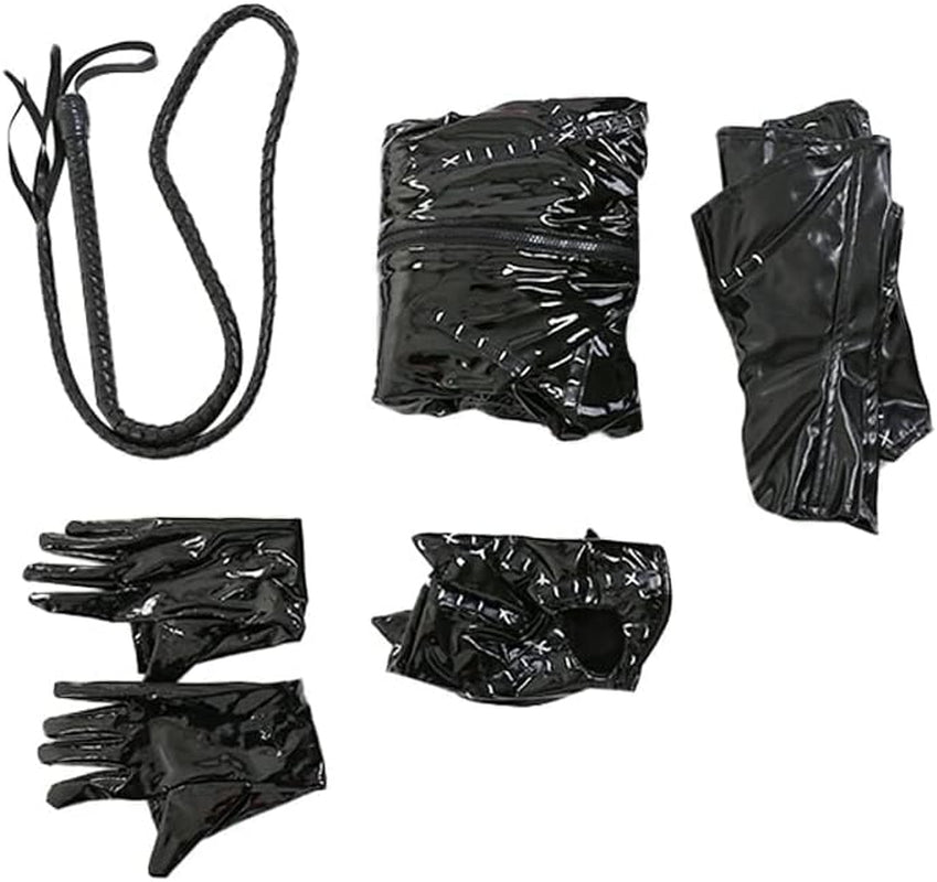 NightProwl Black Catsuit Set | BDSM Bodysuit, Mask & Whip