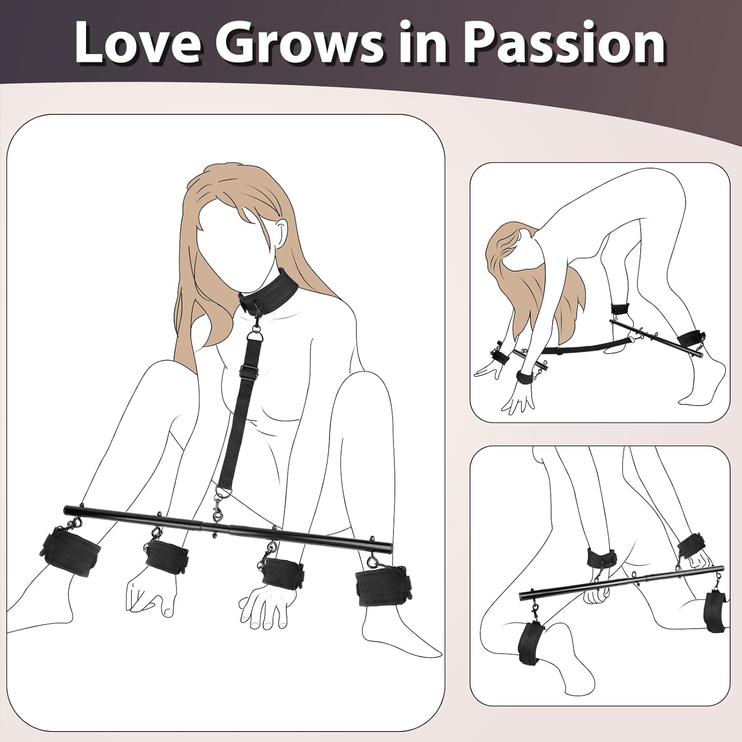 Restraint Bondage BDSM Sex Toys - Adjustable Spreader Bar Bondages with Soft Feather Handcuffs & Ankle Cuffs, Adult Toys Fetish Expandable SM Kits for Couples & Sm(Deep Black)
