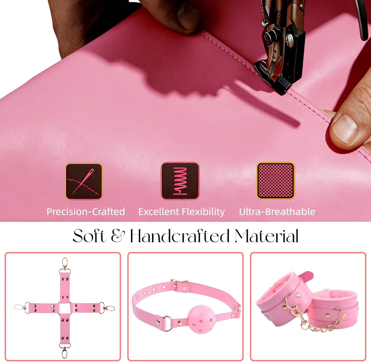 RoseNoir 13-Piece Pink BDSM Kit with Cuffs, Collar and Paddle