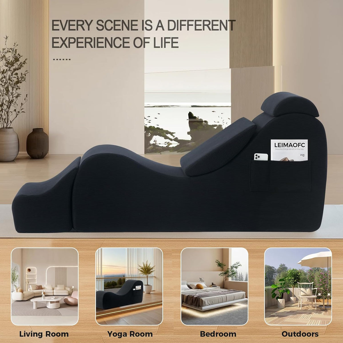 MidnightCurve Black Corduroy Sex Chaise Lounge with Headrest & Footrest