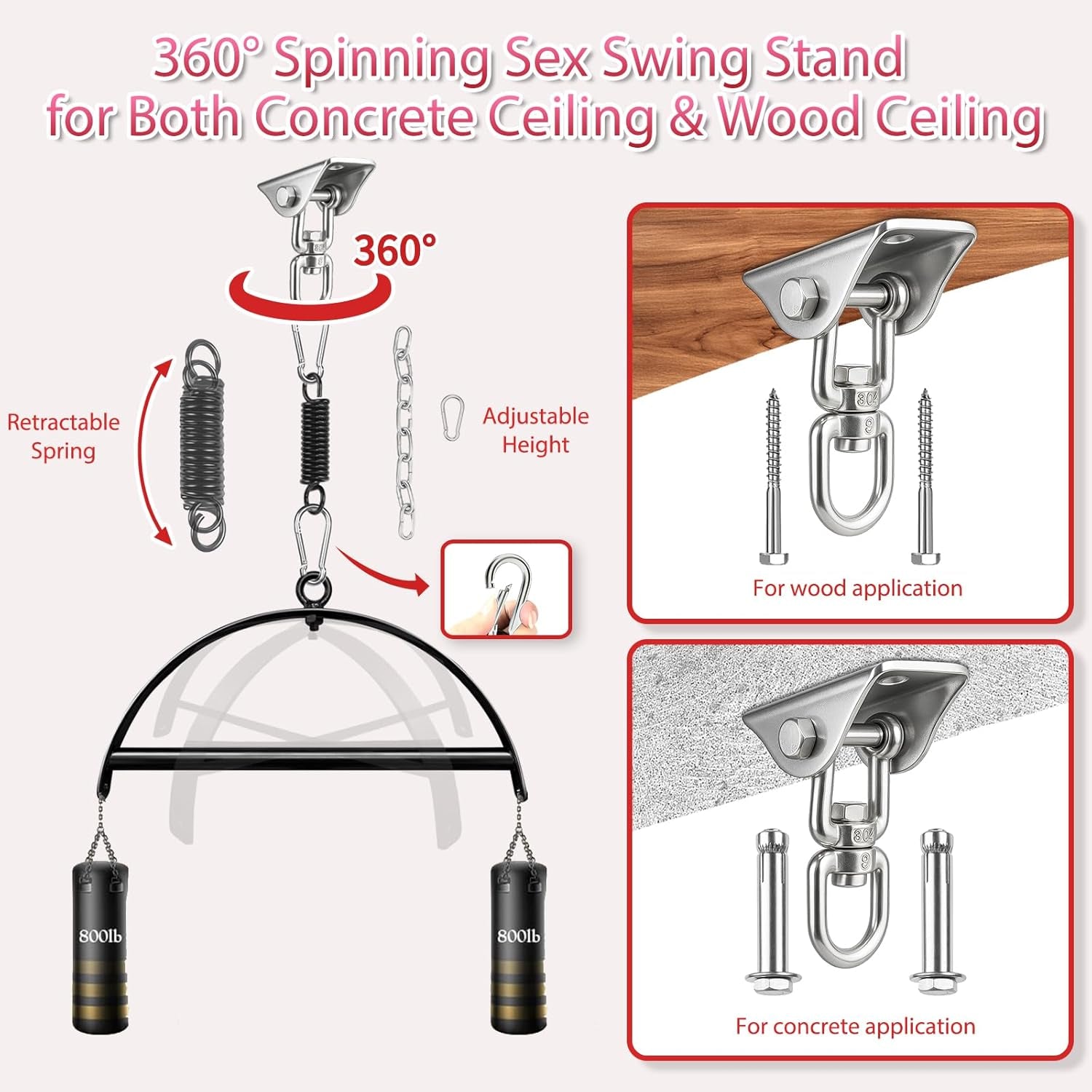 Sex Swing BDSM Sex Toys 360° Spinning Indoor Ceiling Sling with Premium Paint Stand Widened Thick Comfortable Padded Swing, Adjustable Hanging Door Sex Swing Set for Couples Adult