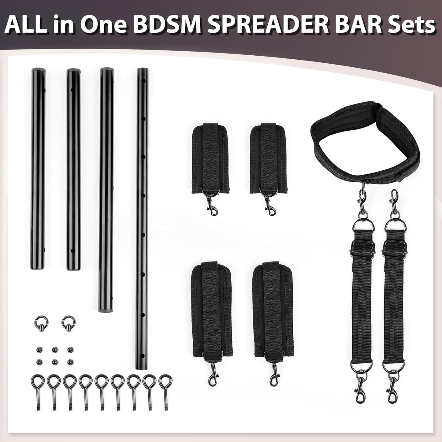 Restraint Bondage BDSM Sex Toys - Adjustable Spreader Bar Bondages with Soft Feather Handcuffs & Ankle Cuffs, Adult Toys Fetish Expandable SM Kits for Couples & Sm(Deep Black)