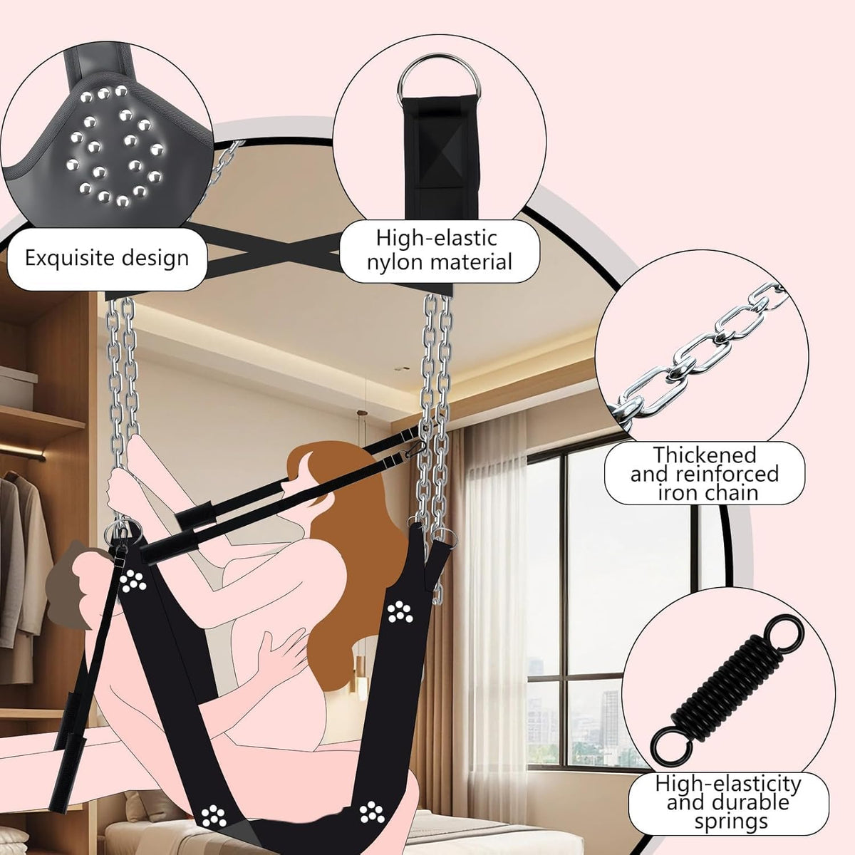 SilentSurrender 360° Spinning Ceiling Sex Swing with Steel Frame and Cuffs