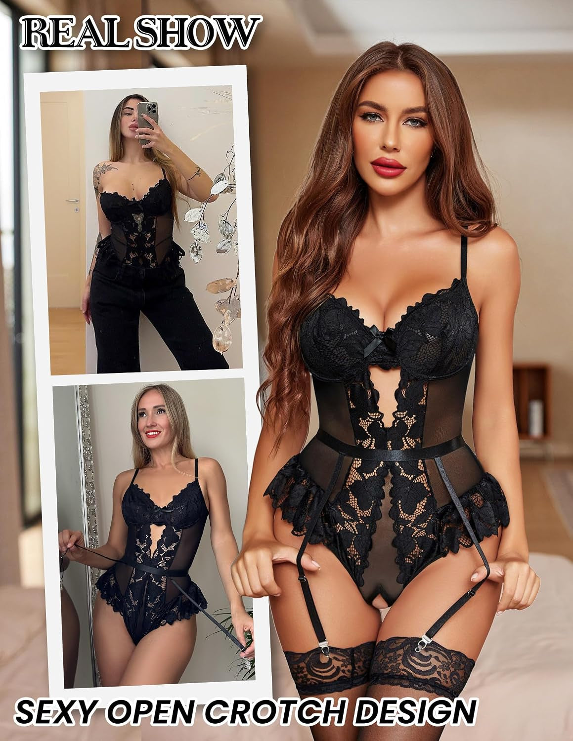 MidnightLace Sheer Lace Open-Crotch Teddy with Garter Belt