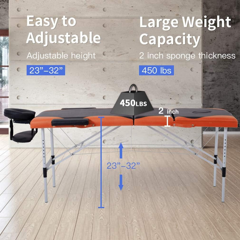 Aluminium Massage Bed Portable Massage Table 28 Inch Wide Lash Bed Height Adjustable 3 Folding Spa Table with Non-Woven Bag for Spa Footmassage Facial Carespa Tattoo