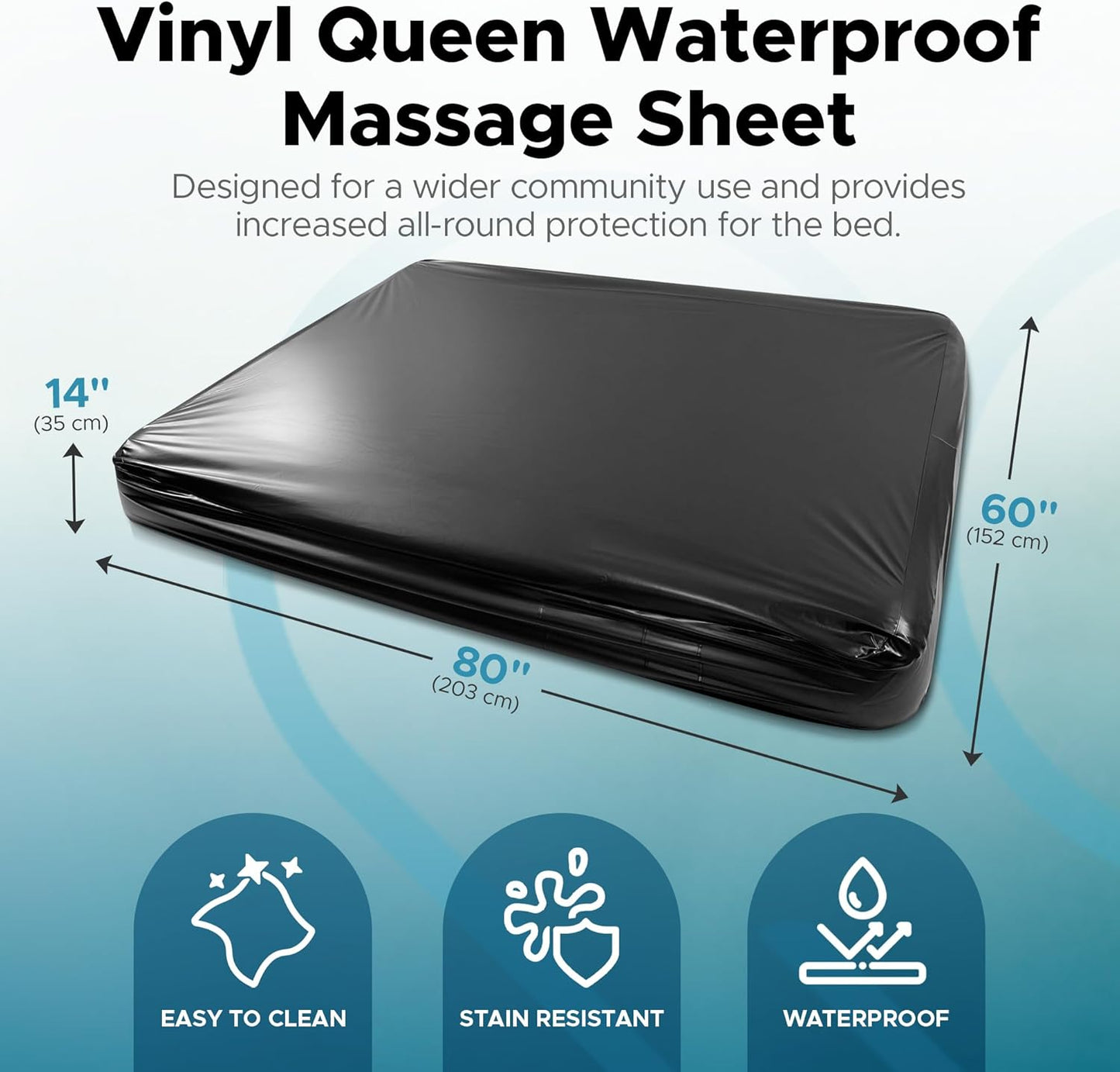 Black Vinyl Queen Waterproof Fitted Massage Bed Sheet with Side Pocket | Mattress Protector, Bed Cover for Nuru Massage - Oil, Water-Based, Silicone Safe | 60'' X 80'' + 14'' Deep Pocket