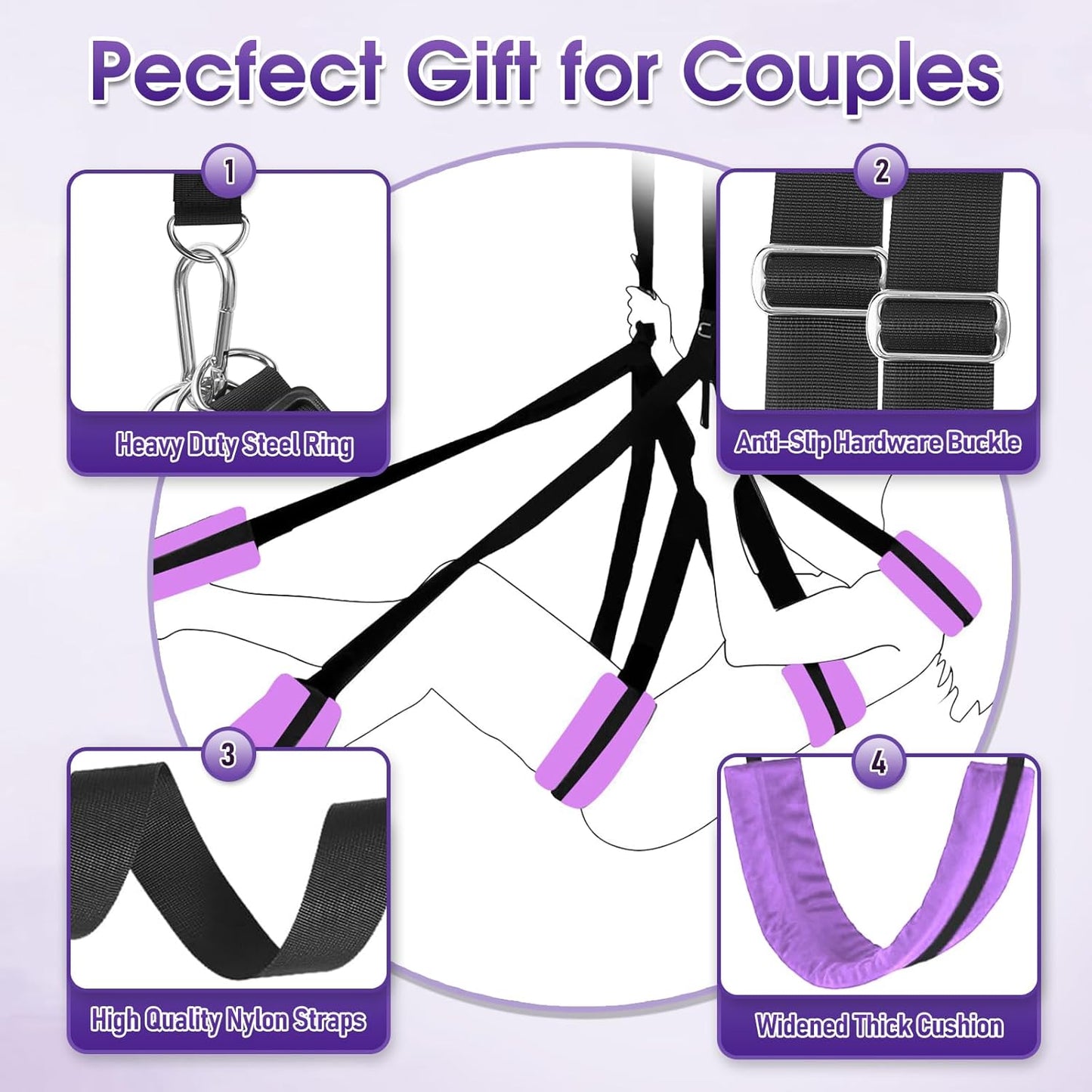 BDSM Sex Swing Adult Sex Toys Heavy Duty Sex Swings with Hanging Door Straps Adjustable Sex Sling Widened Padding Seat Bondage Thigh Restraints, Sex Furniture for Couples Kinky Sex Toy Purple
