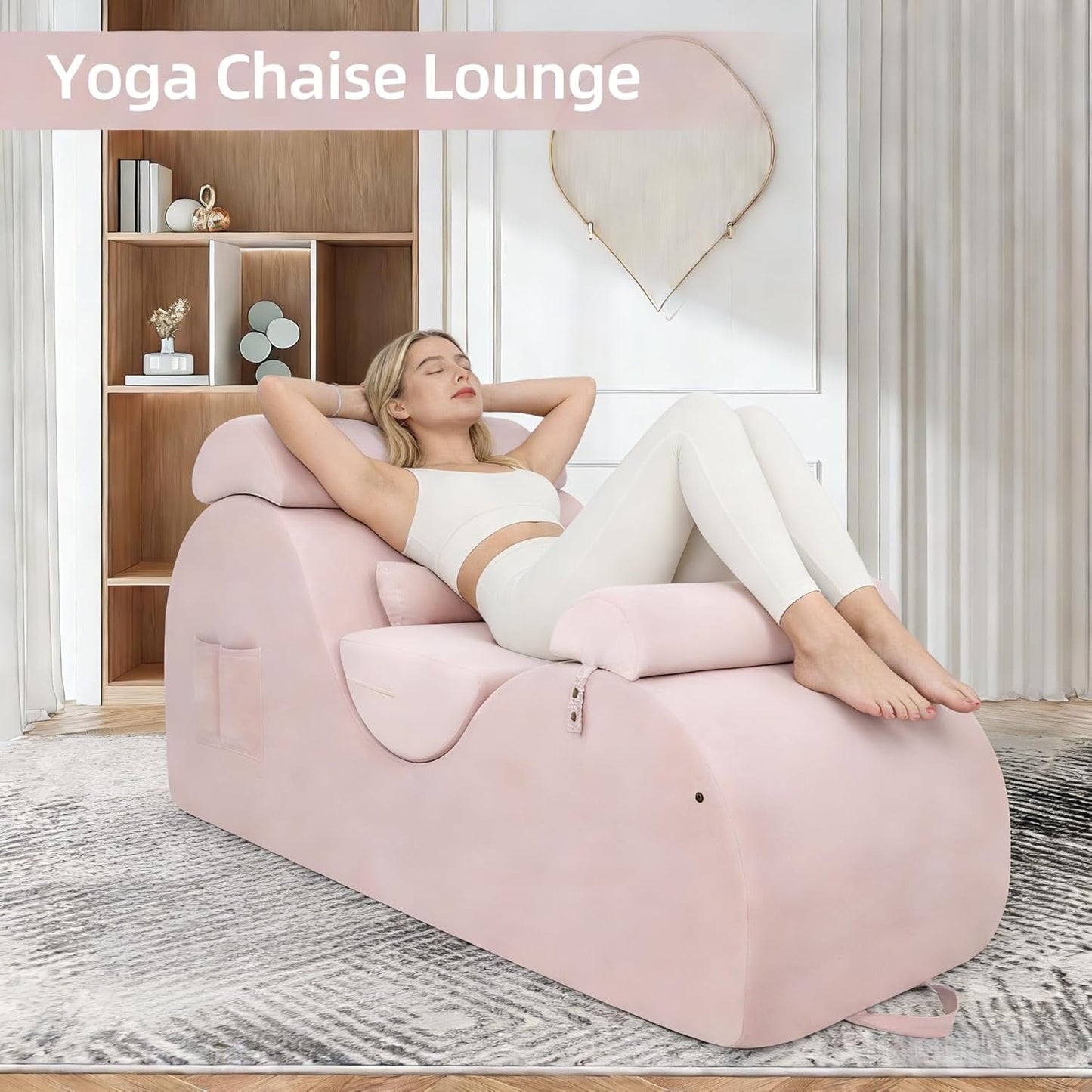 Chaise Lounge Chair for Yoga, Chaise Lounge with Headrest, Waist Pad, Foot Pad, Washable Cover Side Pockets Non-Slip Bottom, Yoga Chair for Relaxation Stretching (Pink, Large)