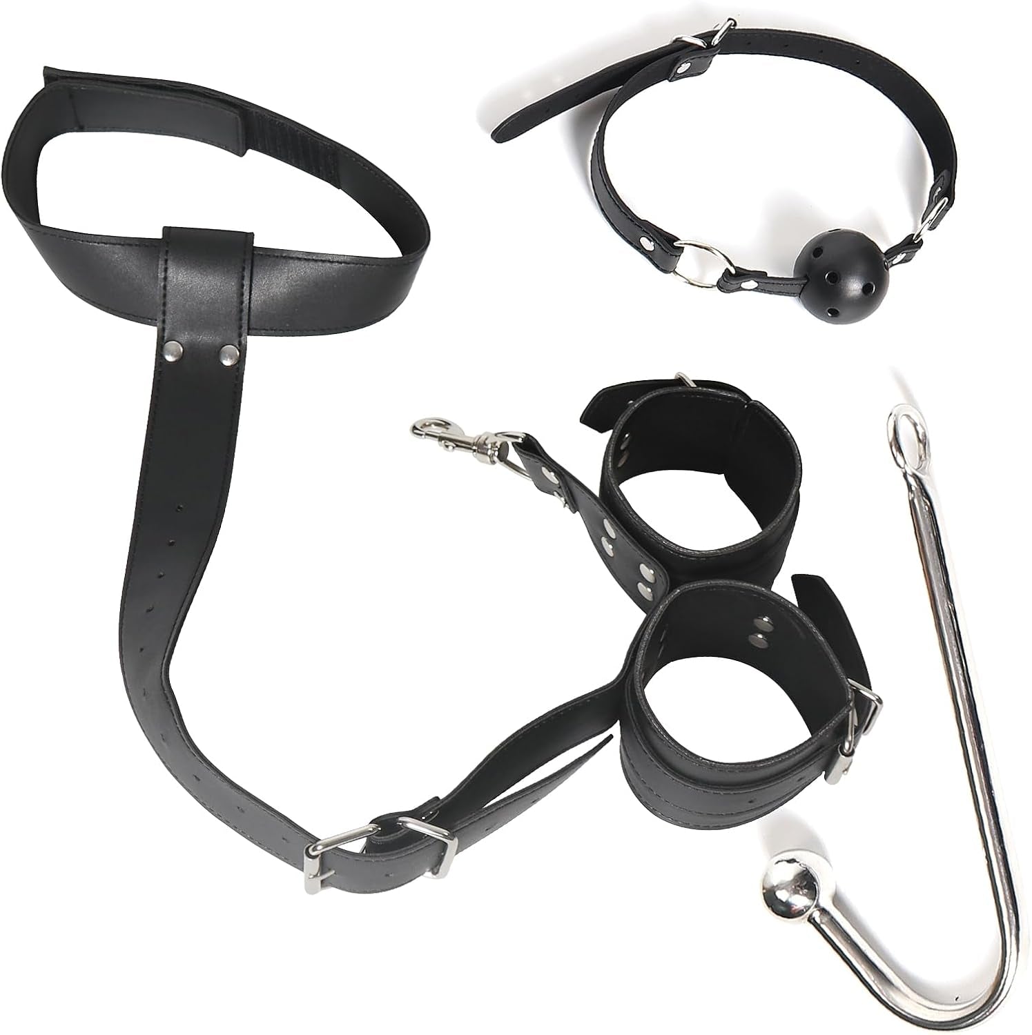 BDSM Sex Bondage Anal Hook, Neck to Wrist behind Back Handcuffs Collar with Anal Trainer & Ball Gag, Bed Restraints Sex Game Accessories Kinky Fetish Role Play Adult Sex Toys for Couple Beginner