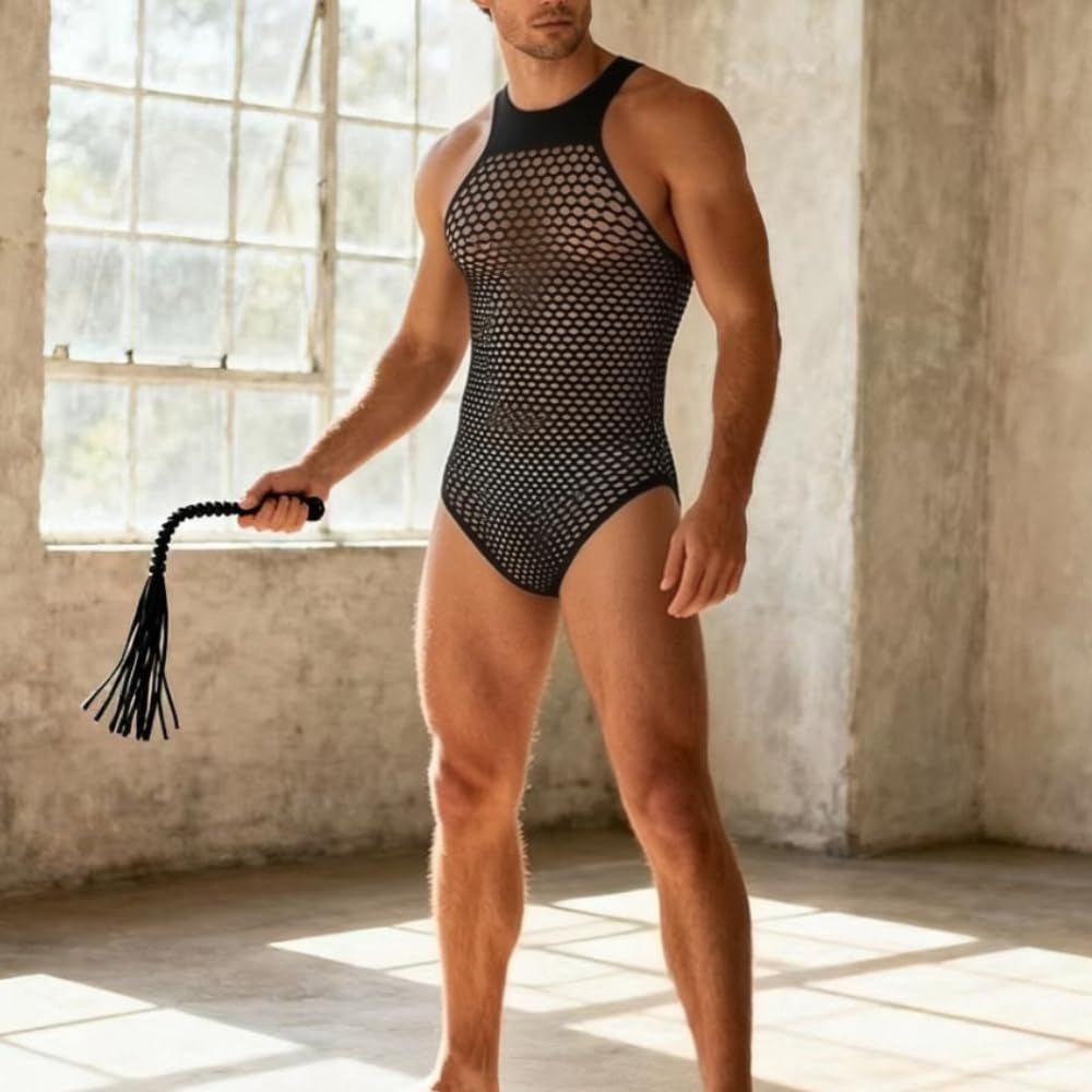 NightSnare Men's SM Play Sheer Fishnet Bodysuit