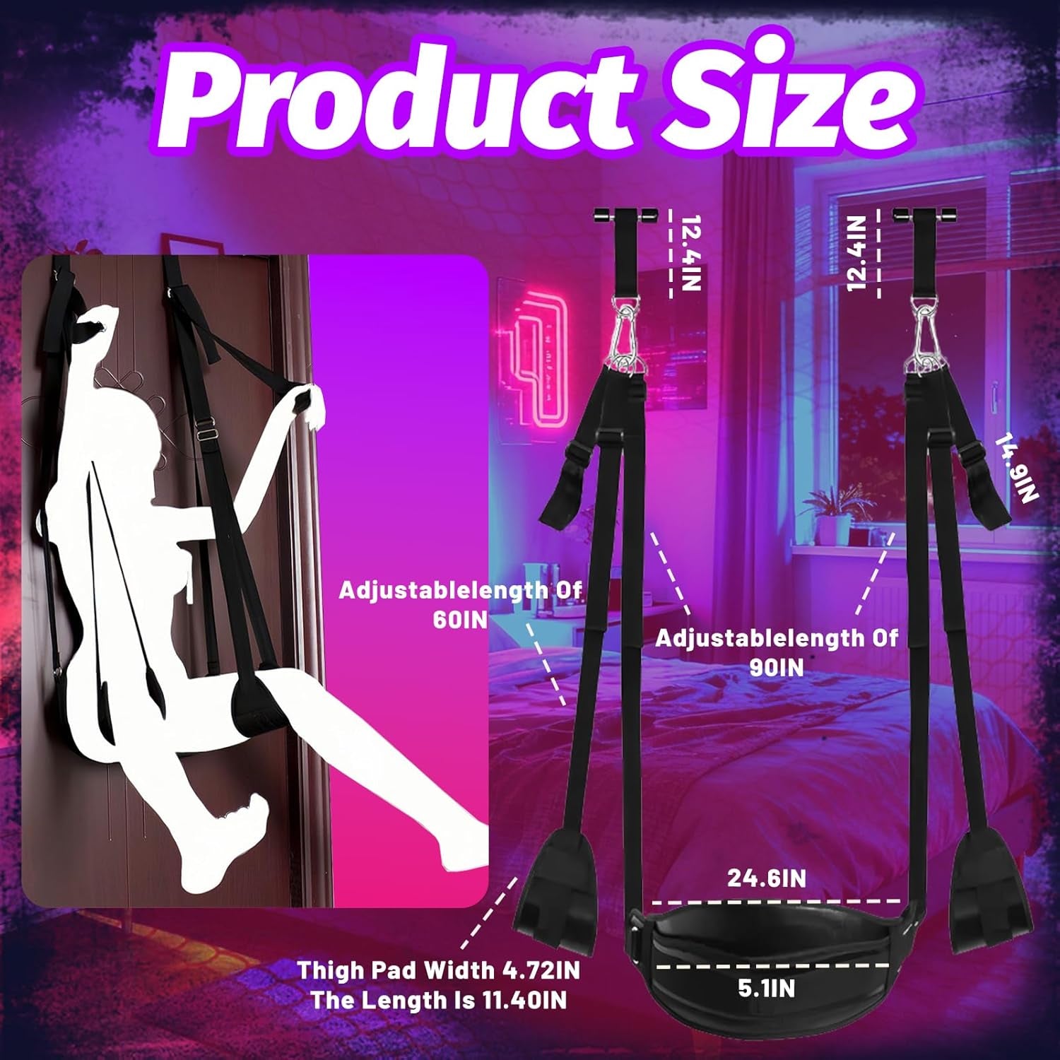BDSM Door Sex Swing with Restraint Handcuffs, Ankle Cuffs, Adjustable Restraint Straps, and Butt Support, Bondage Sex Toy for Adults or Couples. (Without Pullup Bar)