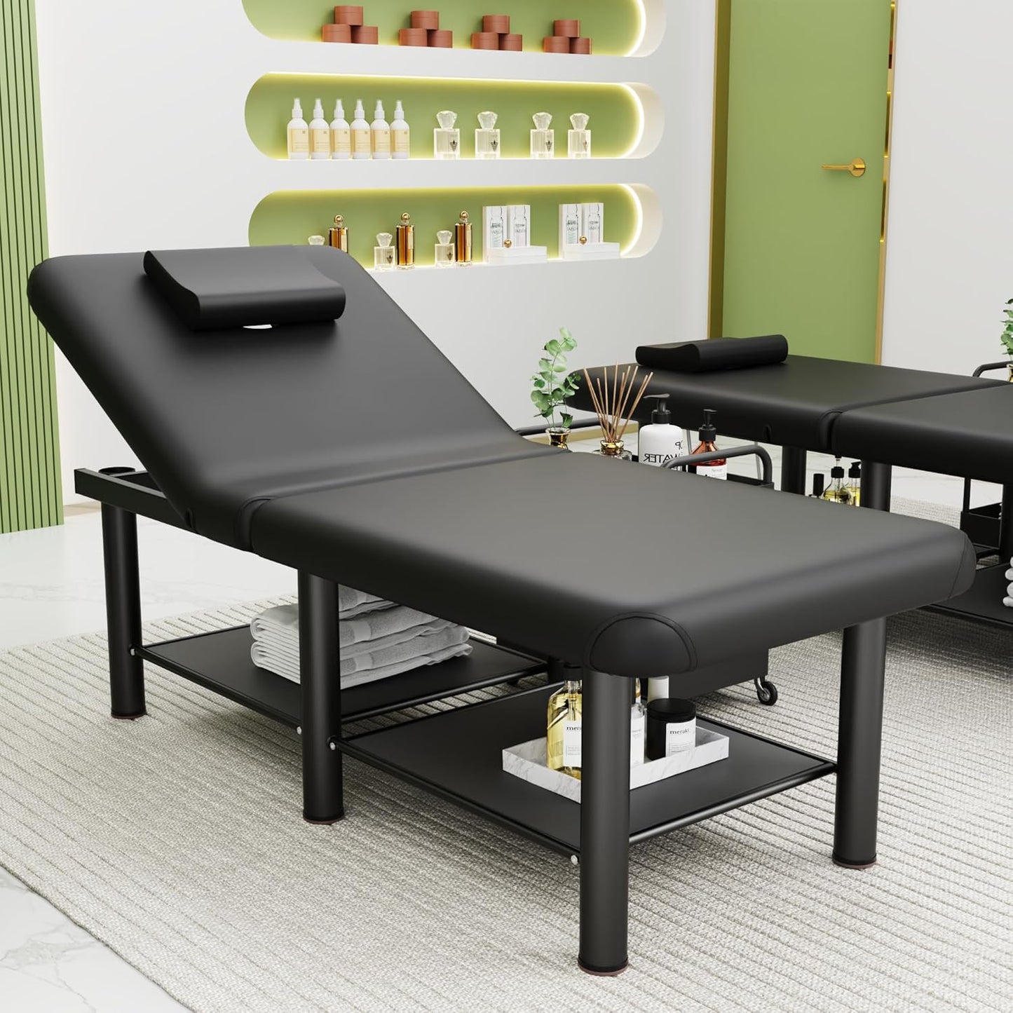 Folding Stationary Massage Table with Backrest and Storage Space, 6 round Legs Metal Frame PU Leather, 30.5'' Wide × 75'' Long for Treatment Table Physical Therapy Table Spa Facial Bed, Black