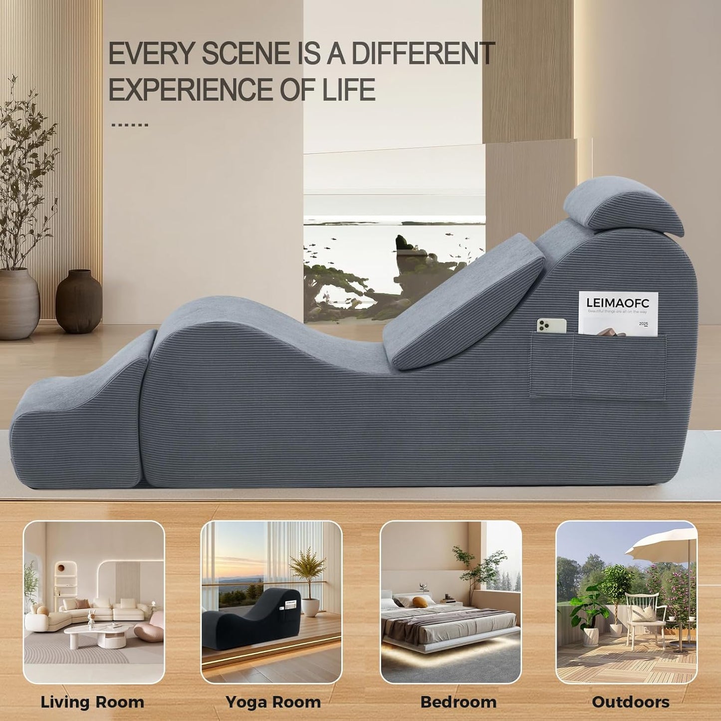 Yoga Chair Lounge for Adult, Ergonomic Chaise Lounge Chair with Side Pocket, Headrest, Waist Pad, Ottoman，Perfect for Stretching, Massage, and Relaxation, Used in Living Room, Bedroom（Dark Gray）