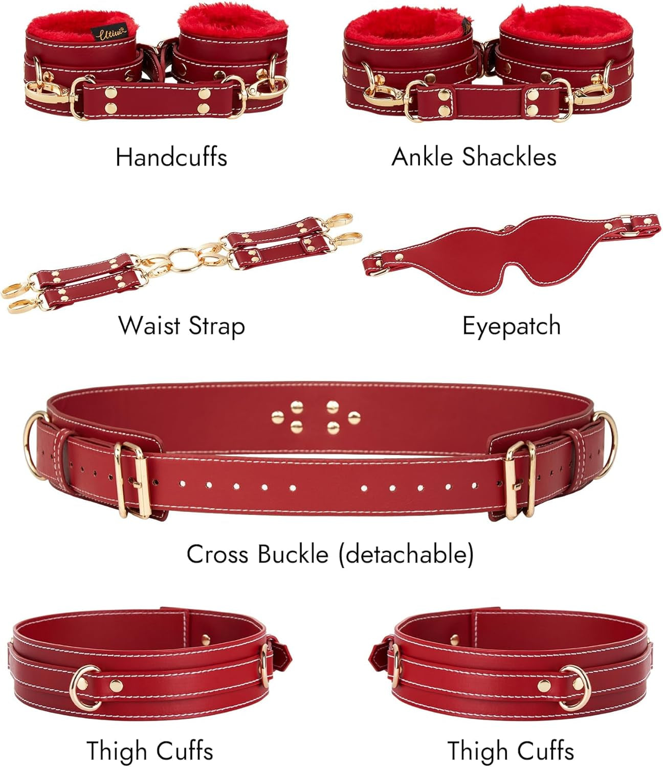 Sex Bondage BDSM Kit Restraints 6PCS Sets with Adjustable Handcuffs Ankle Cuff Thigh Cuffs Blindfold Cross Strap Waist Strap Adult SM Games Sex Toys for Men Women and Couples