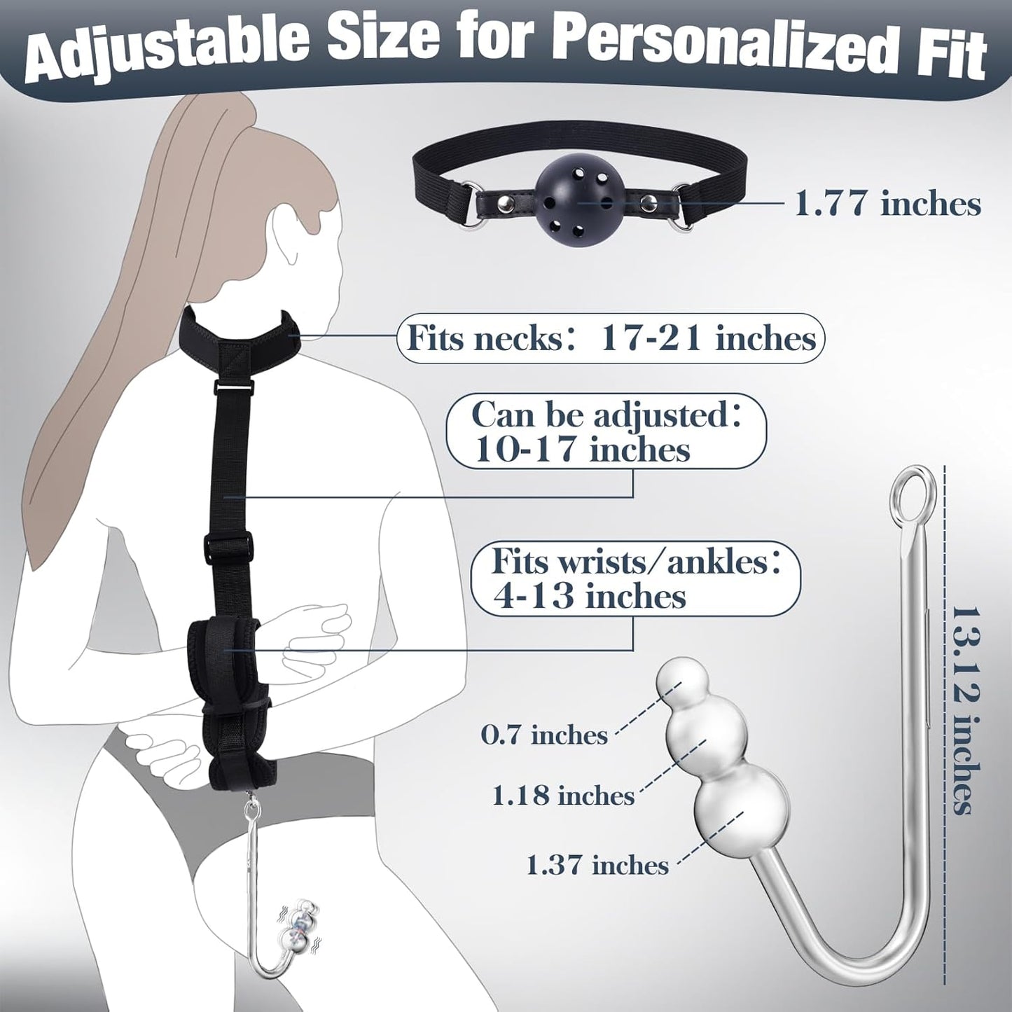 Vibrating Anal Hook BDSM Kit Neck to Wrist Bondage Restraint Set with Ball Gag, Couple Sex Toys Adjustable Collar behind Back Handcuffs Straps Bed SM Game Tool for Couples, Roleplay & Bedroom Fun
