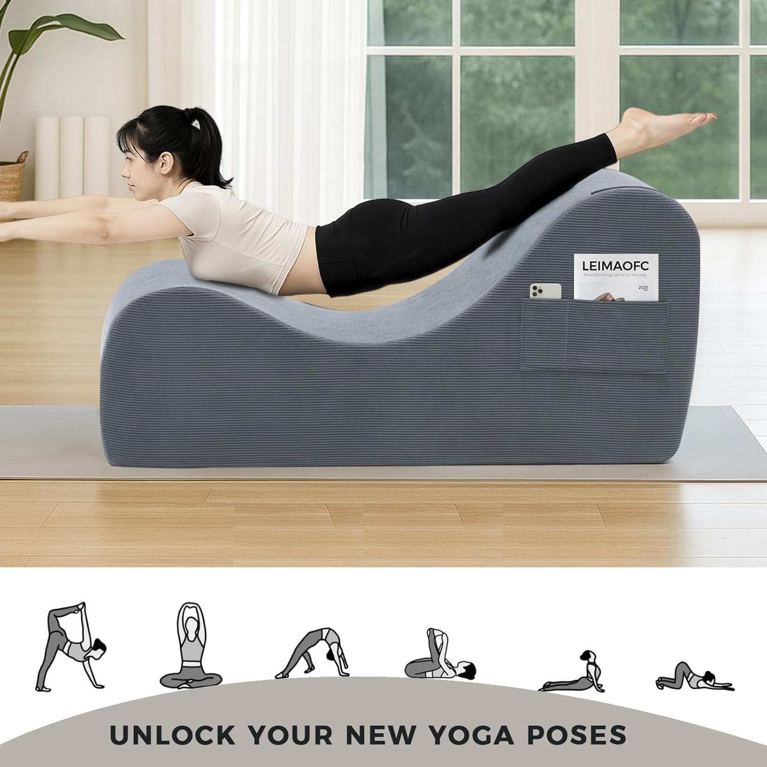 Yoga Chair Lounge for Adult, Ergonomic Chaise Lounge Chair with Side Pocket, Headrest, Waist Pad, Ottoman，Perfect for Stretching, Massage, and Relaxation, Used in Living Room, Bedroom（Dark Gray）