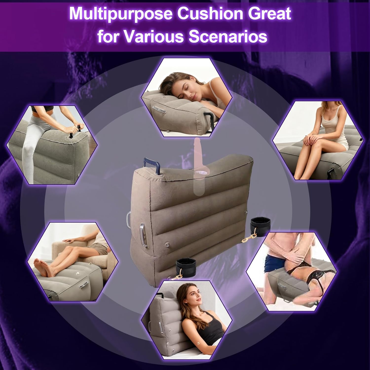 Inflatable Sex Pillow with Dildo Mount, Sex Position Pillow with BDSM Kit - Multifunctional Cushion for Couples | 4 Cuffs & 2 Elastic Bands, Novelty Sextoy Portable Sex Furniture for Indoor&Outdoor
