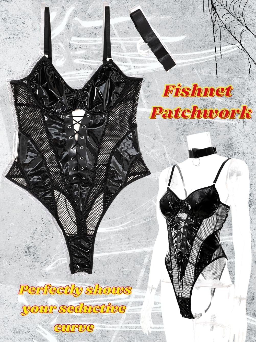 NightVice Wet Look Corset Bodysuit & Choker