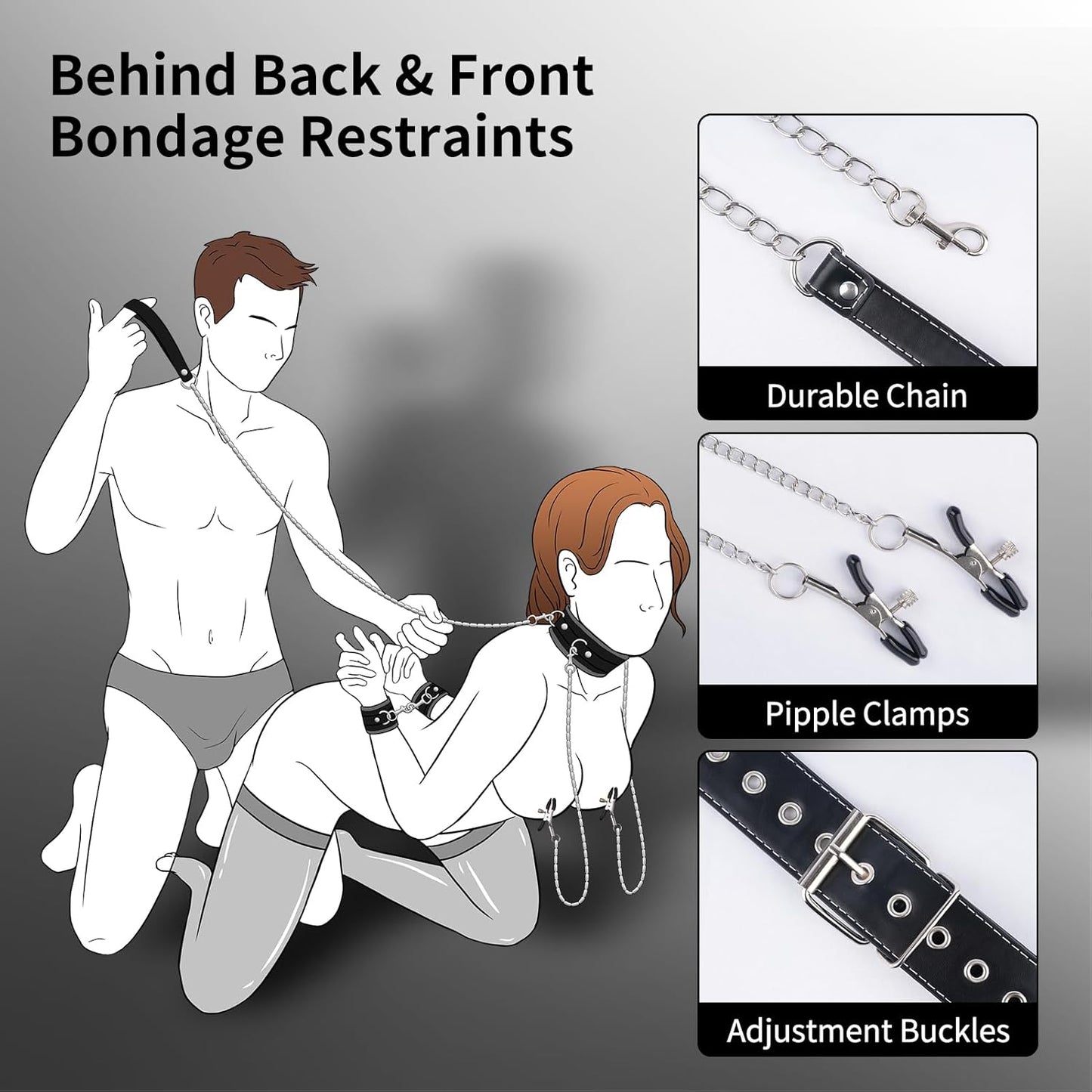 BDSM Sex Bondage Restraints Set - Neck to Wrist BDSM Kit with Traction Chain Nipple Clamps Adjustable Handcuffs Collar Bondage Gear Accessories Sex Things for Couples Kinky Sex Toys for Couples