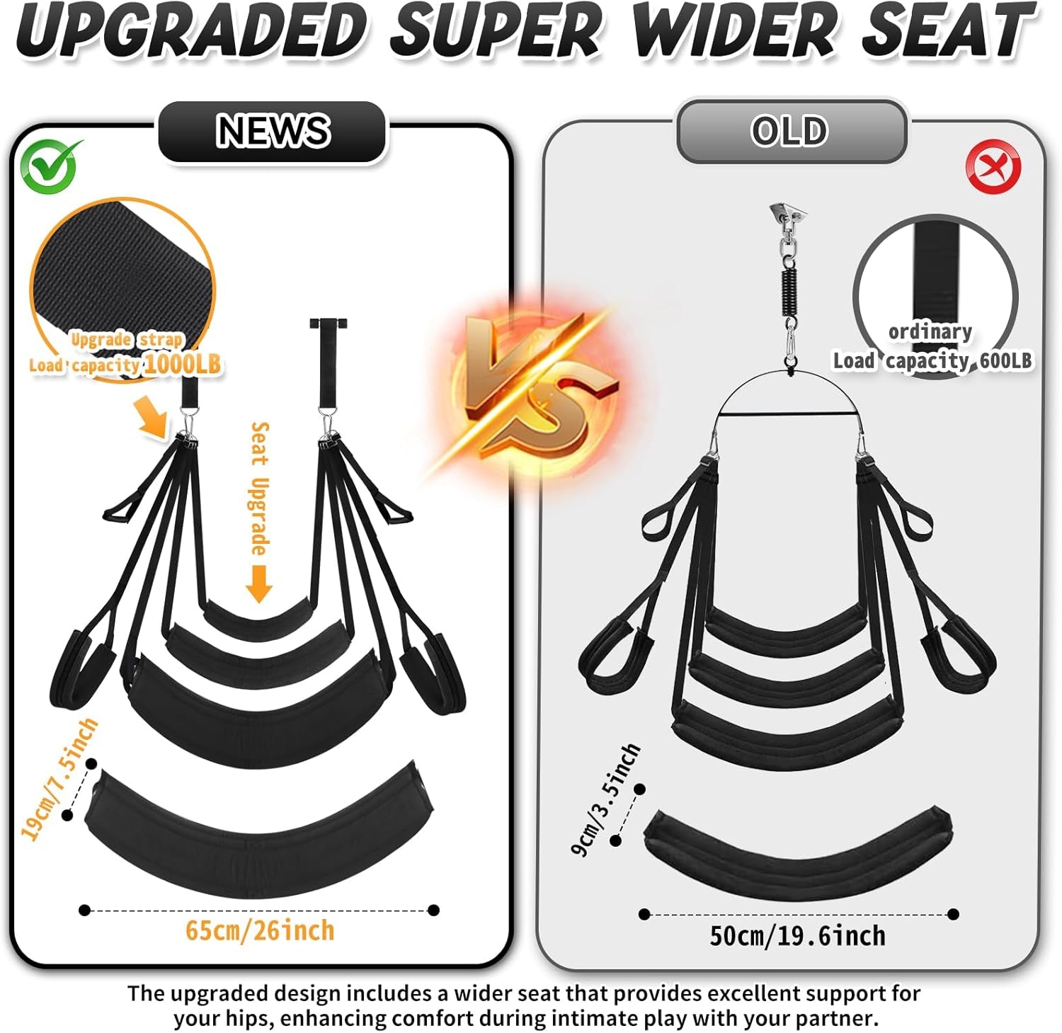 Door Sex Swing for Couples-Extra-Wide 26'' Thick Cushions & Adjustable Straps for Adult Bondage Games and Bedroom Restraints (Black)