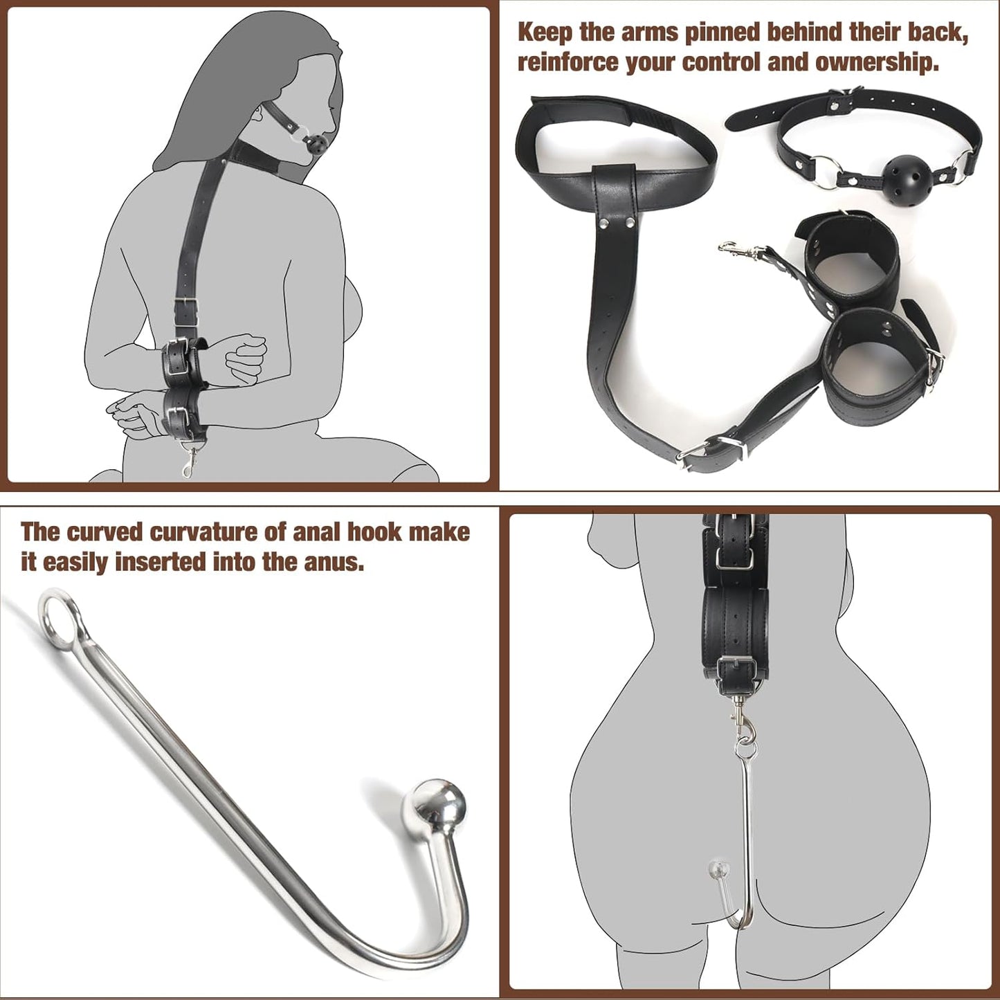BDSM Sex Bondage Anal Hook, Neck to Wrist behind Back Handcuffs Collar with Anal Trainer & Ball Gag, Bed Restraints Sex Game Accessories Kinky Fetish Role Play Adult Sex Toys for Couple Beginner