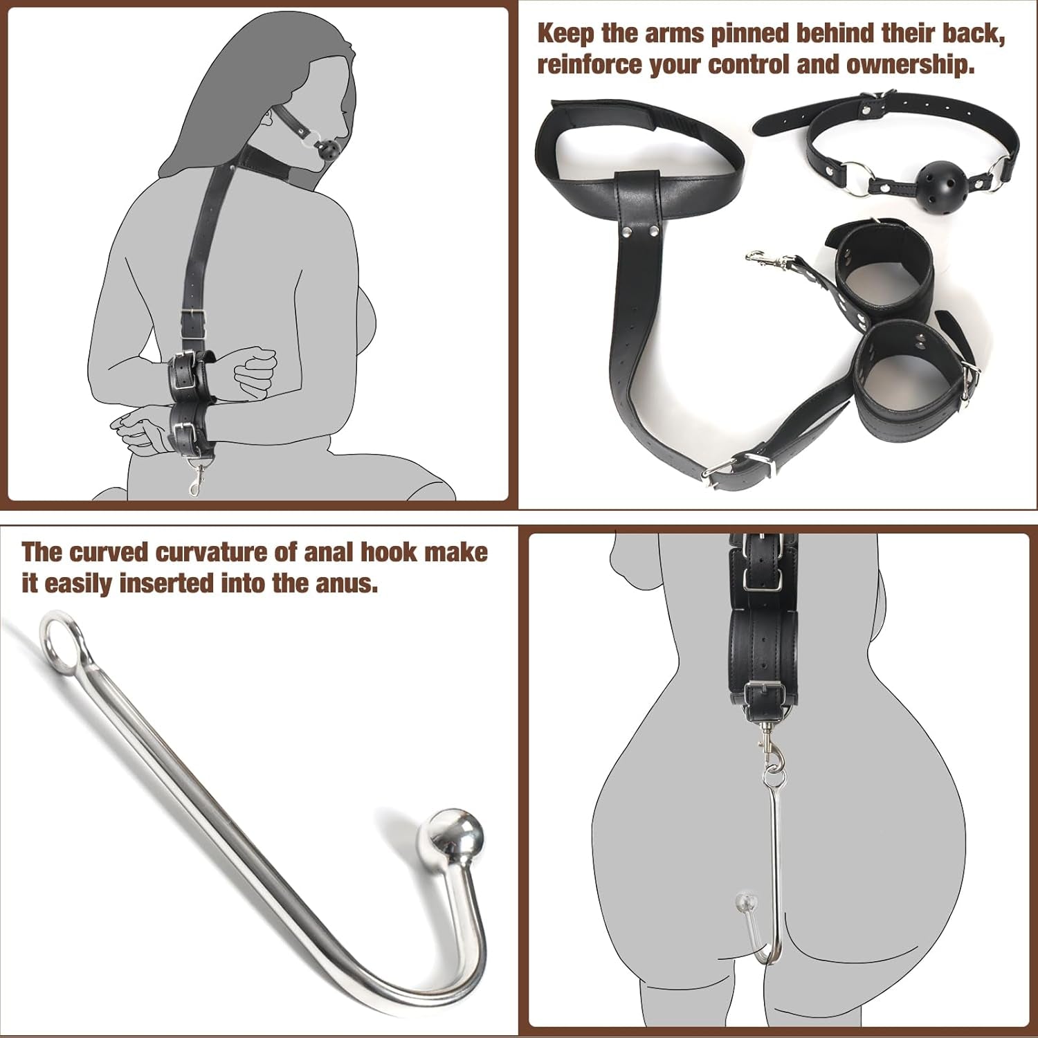 BDSM Sex Bondage Anal Hook, Neck to Wrist behind Back Handcuffs Collar with Anal Trainer & Ball Gag, Bed Restraints Sex Game Accessories Kinky Fetish Role Play Adult Sex Toys for Couple Beginner