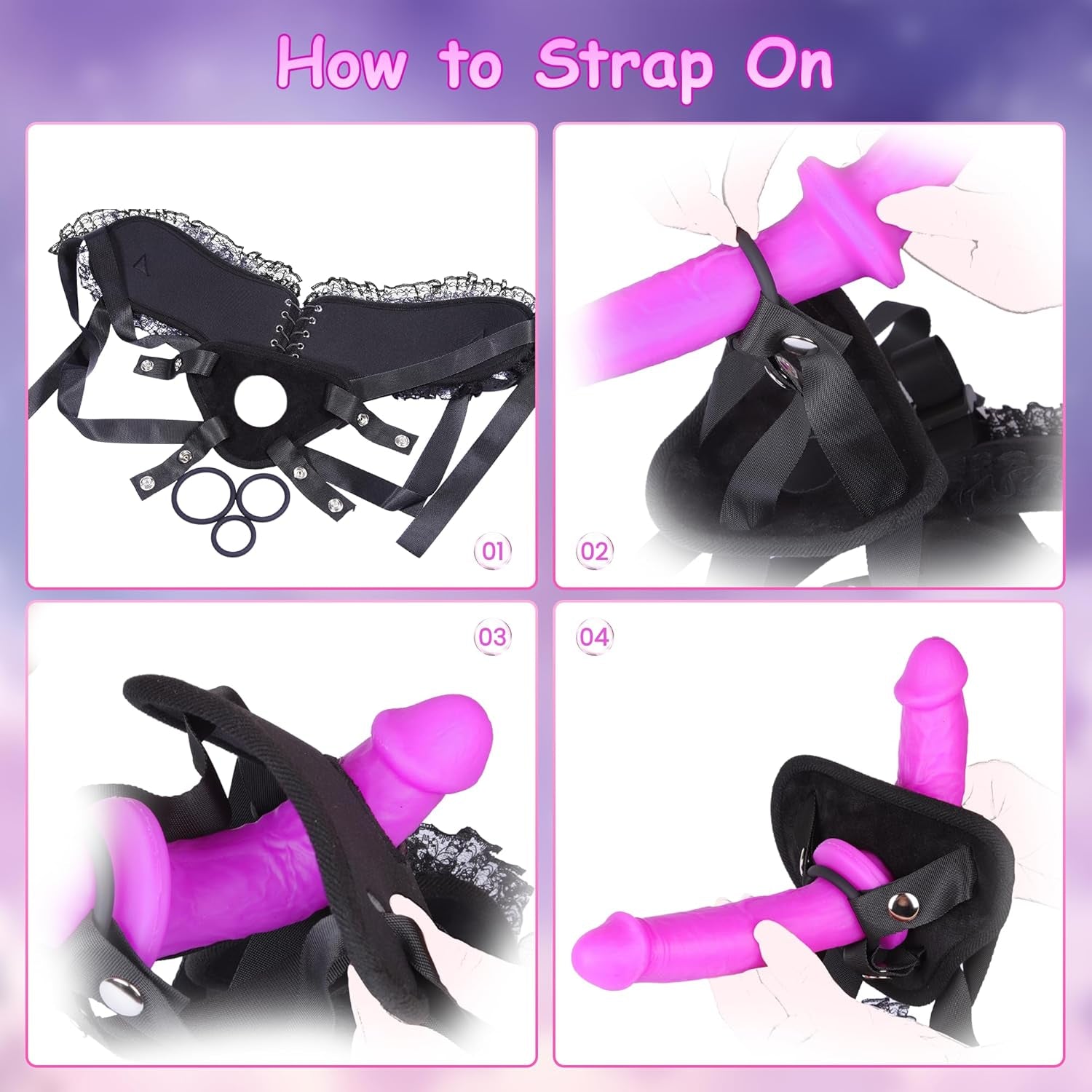 DualDesire Double-Sided Strap-On Dildo | Lace Harness, 3 Rings