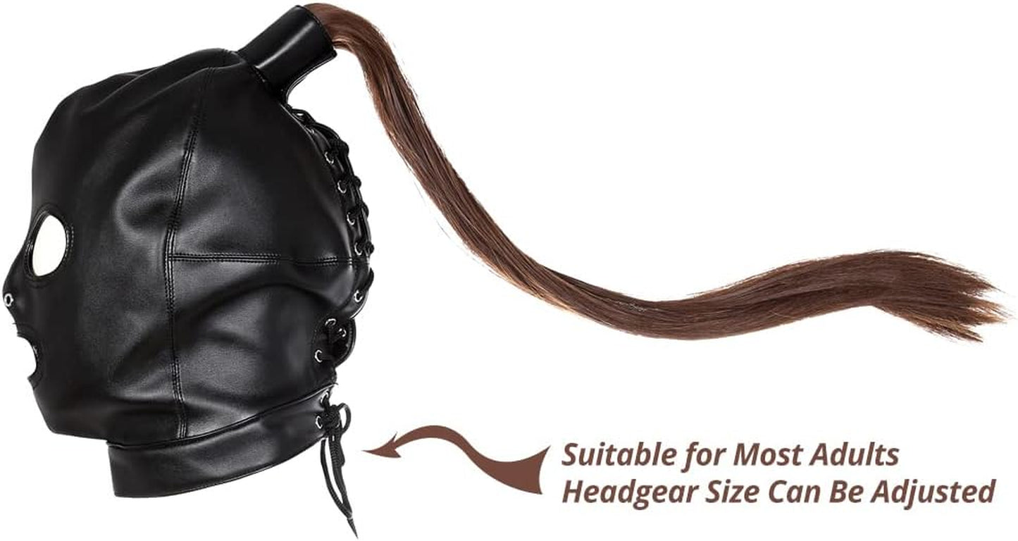 SableRite PU Leather Bondage Mask Hood with Wig