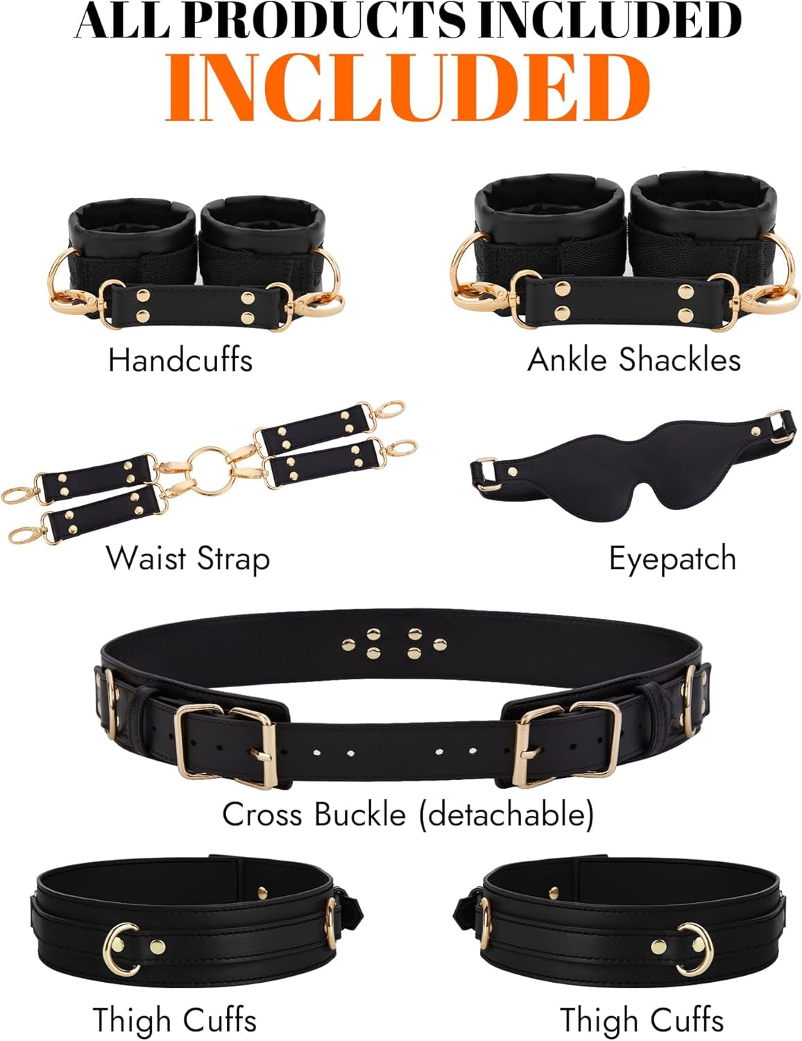 Sex Bondage BDSM Kit Restraints Adult SM 6PCS Sets with Adjustable Handcuffs Ankle Cuff Thigh Cuffs Waist Strap Blindfold Cross Strap Sex Toys for Men Women and Couples, Black