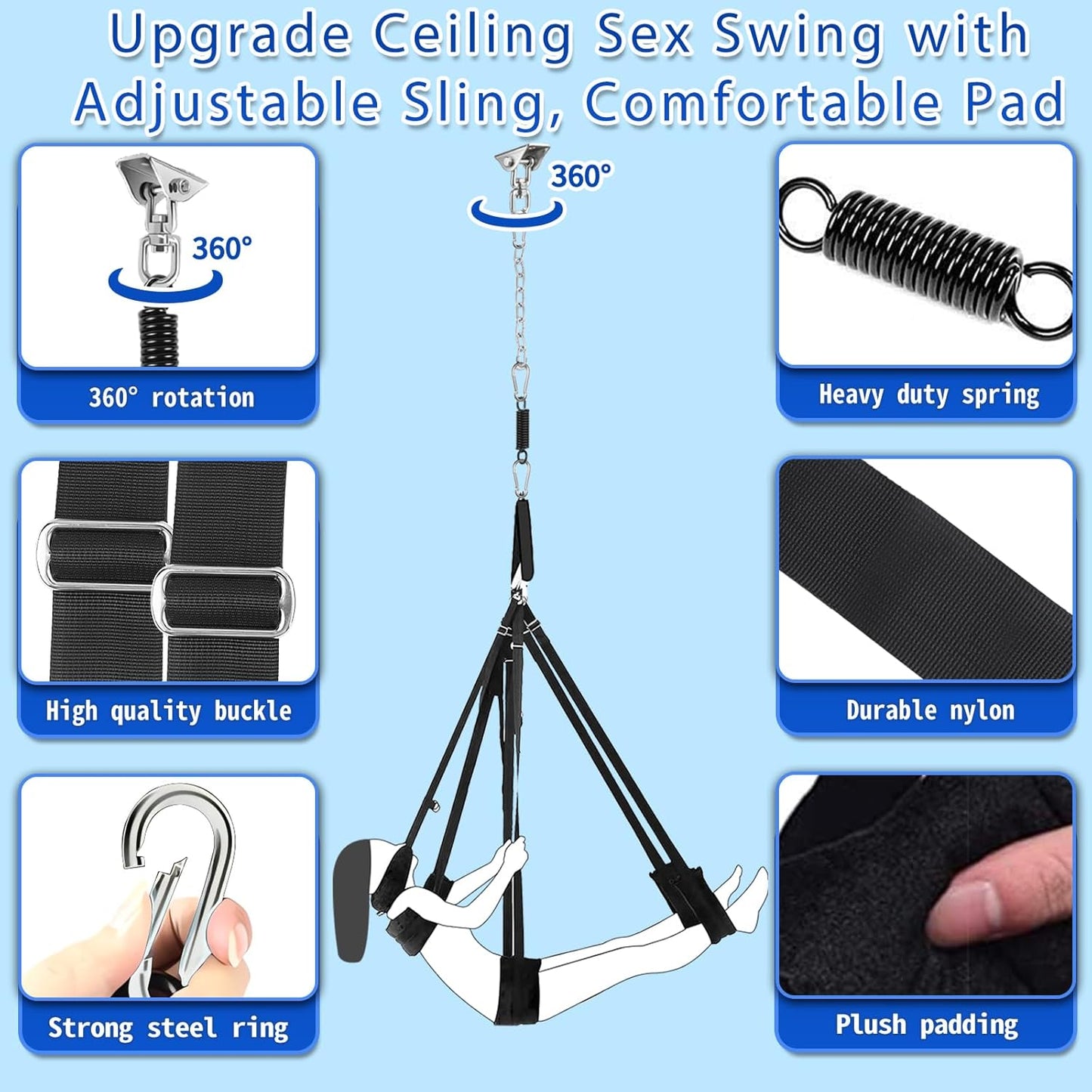 Sex Swing, BDSM Sex Toys Set with 360 Degree Spinning Ceiling Swing Stand & Adjustable Sling Widened Thick Padded Seat Soft Extra Pillow Comfortable Swings for Couples Adult Toys & Games
