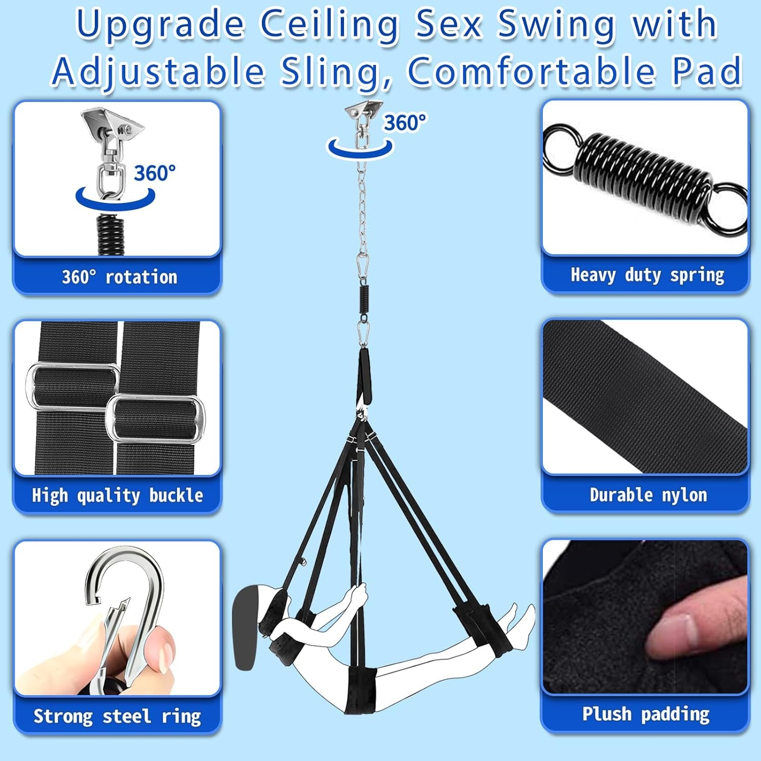 Sex Swing, BDSM Sex Toys Set with 360 Degree Spinning Ceiling Swing Stand & Adjustable Sling Widened Thick Padded Seat Soft Extra Pillow Comfortable Swings for Couples Adult Toys & Games