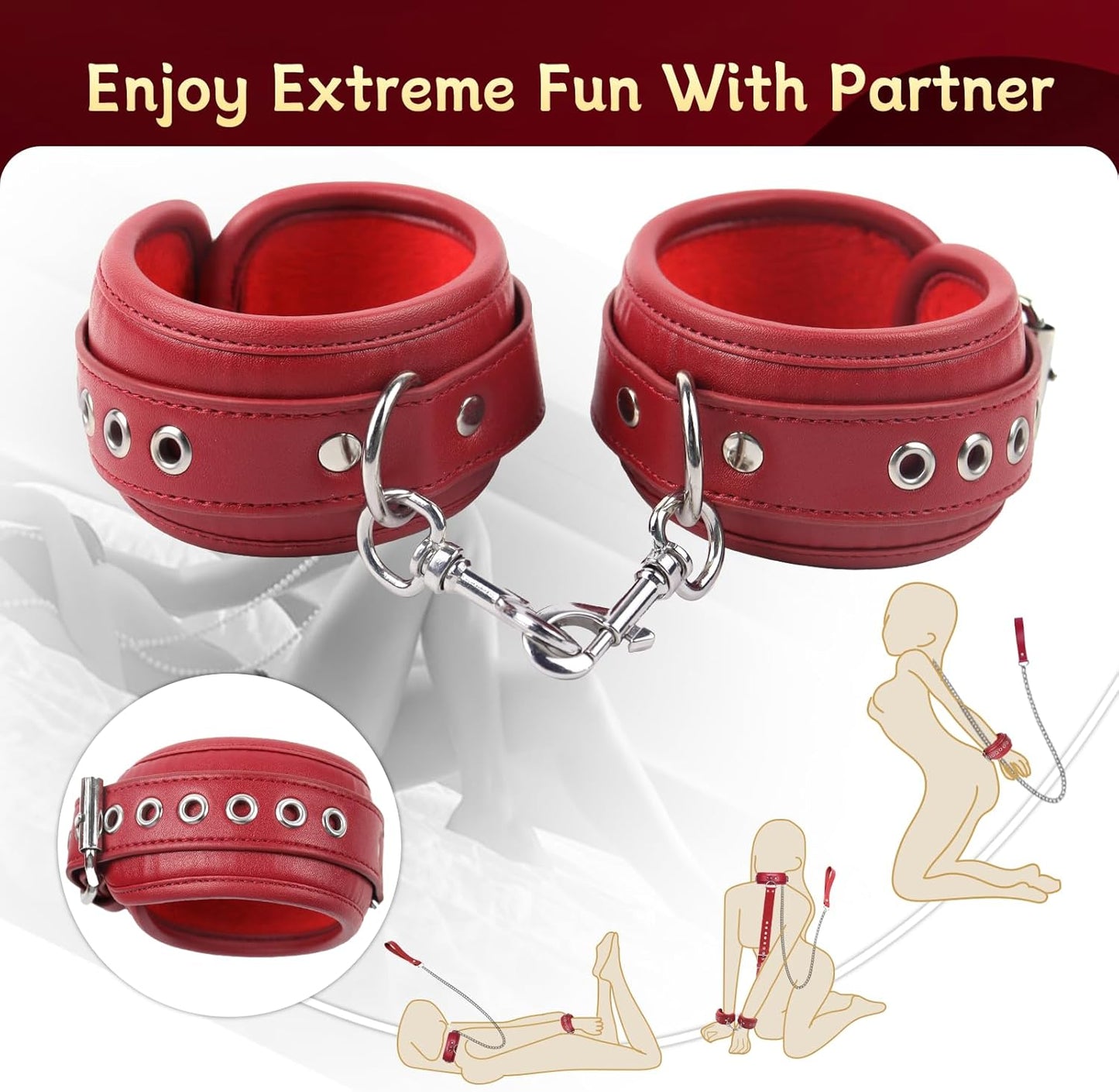 BDSM Bondage Sex Restraints Set Couples Sex Toys, Neck to Wrist Restraints Kit with Traction Chain Back Sex Handcuffs Collar Adjustable Bondage Gear Accessories SM Sexy Slave Beginner Role Play Games