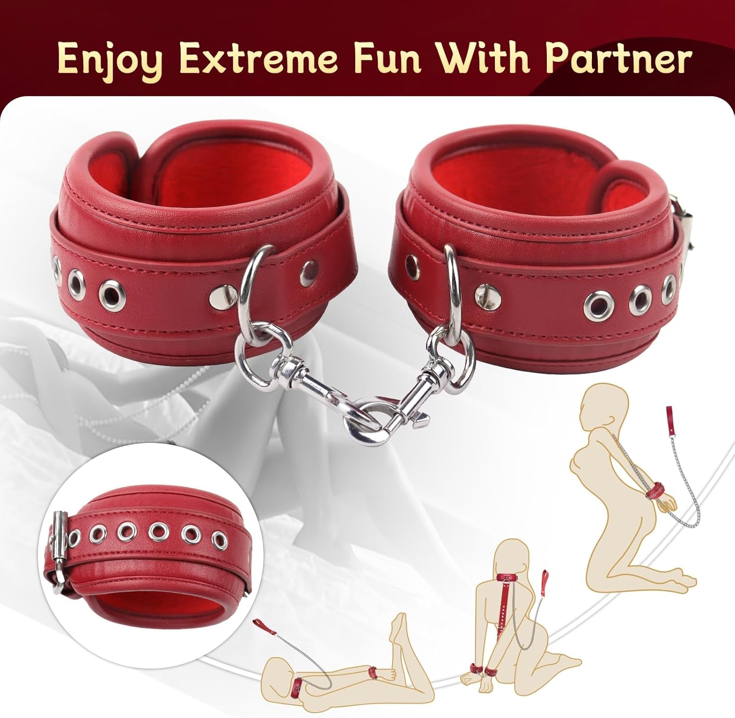 BDSM Bondage Sex Restraints Set Couples Sex Toys, Neck to Wrist Restraints Kit with Traction Chain Back Sex Handcuffs Collar Adjustable Bondage Gear Accessories SM Sexy Slave Beginner Role Play Games