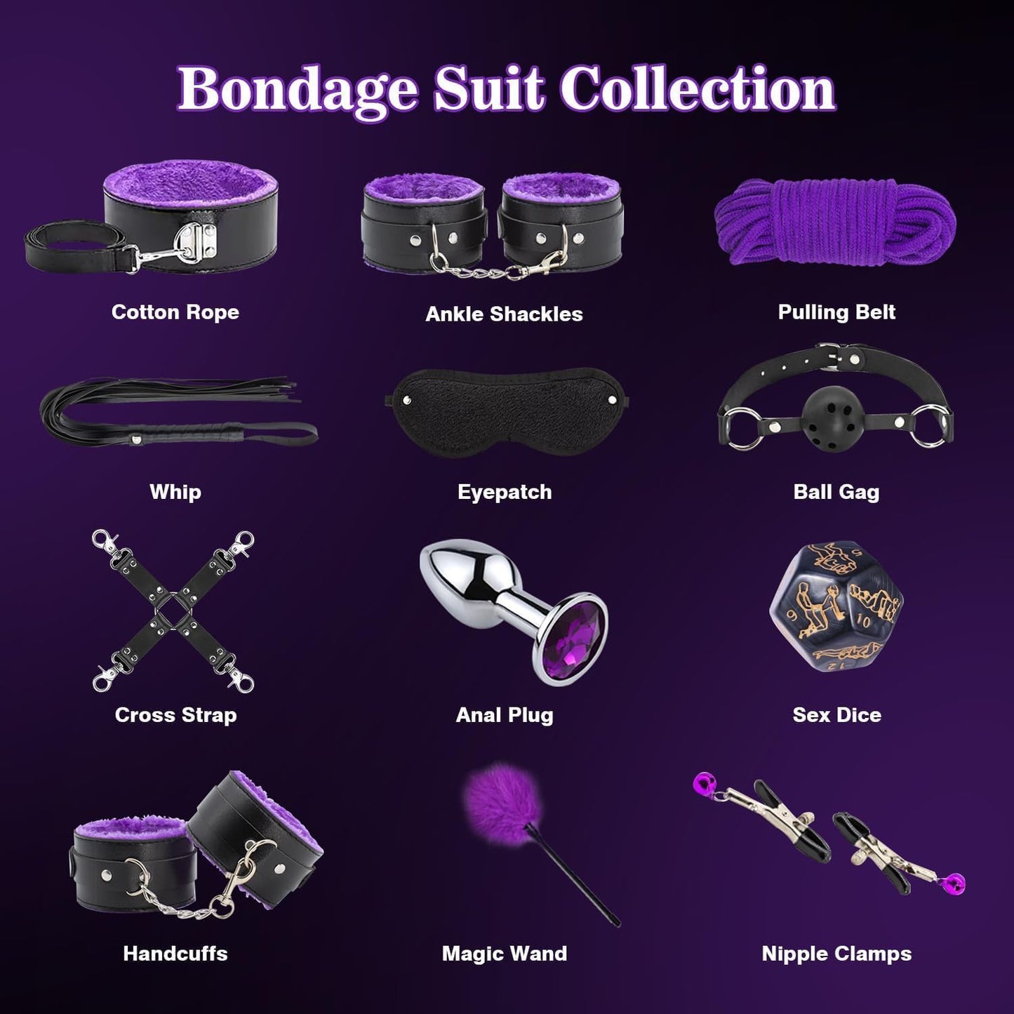BDSM Sex Bondage Kit Restraints - 12PCS Sets with Adjustable Handcuffs Collar Ankle Cuff Blindfold Feather Tickler Anal Plug Adult Games Sex Toys for Men Women Couples Purple