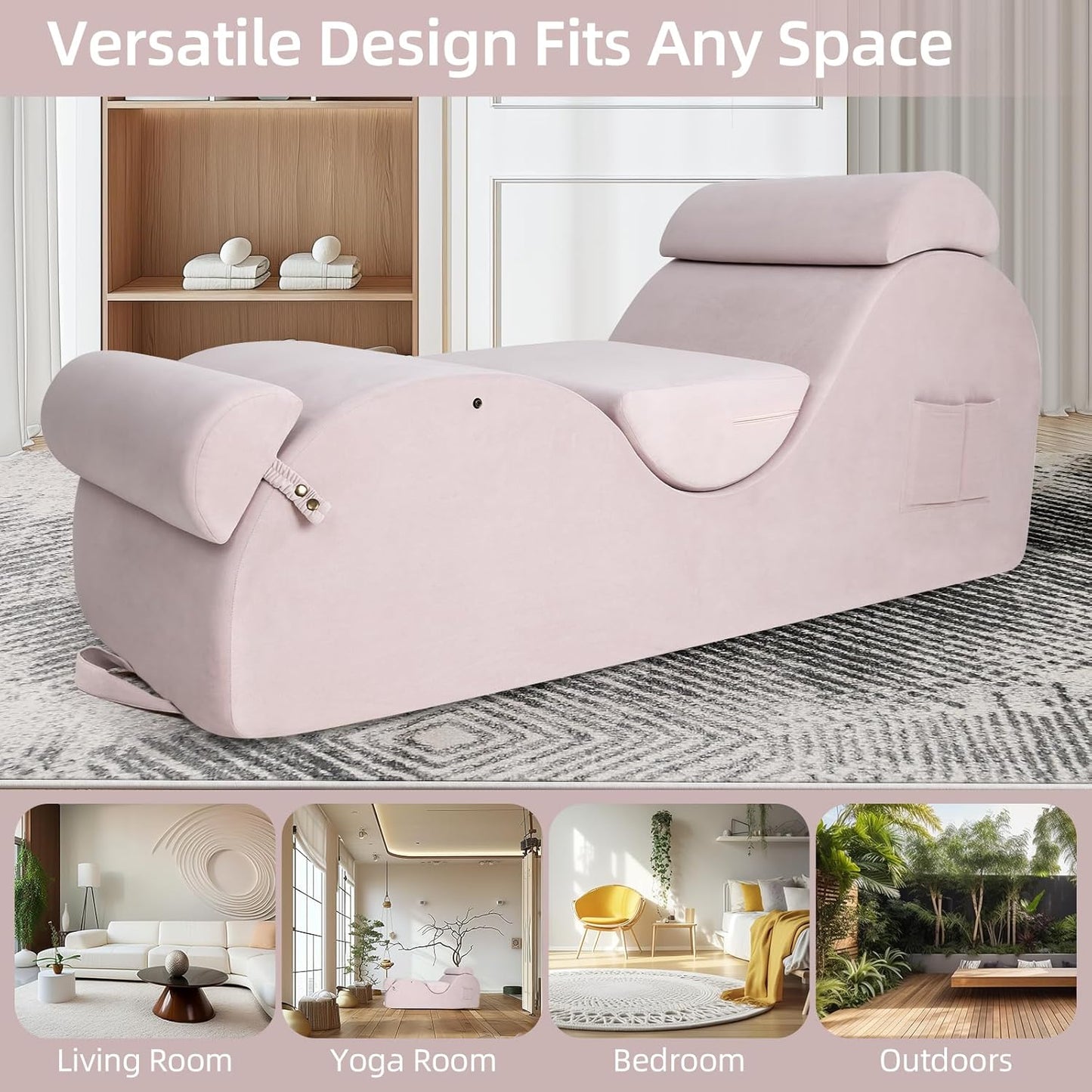 Chaise Lounge Chair for Yoga, Chaise Lounge with Headrest, Waist Pad, Foot Pad, Washable Cover Side Pockets Non-Slip Bottom, Yoga Chair for Relaxation Stretching (Pink, Large)