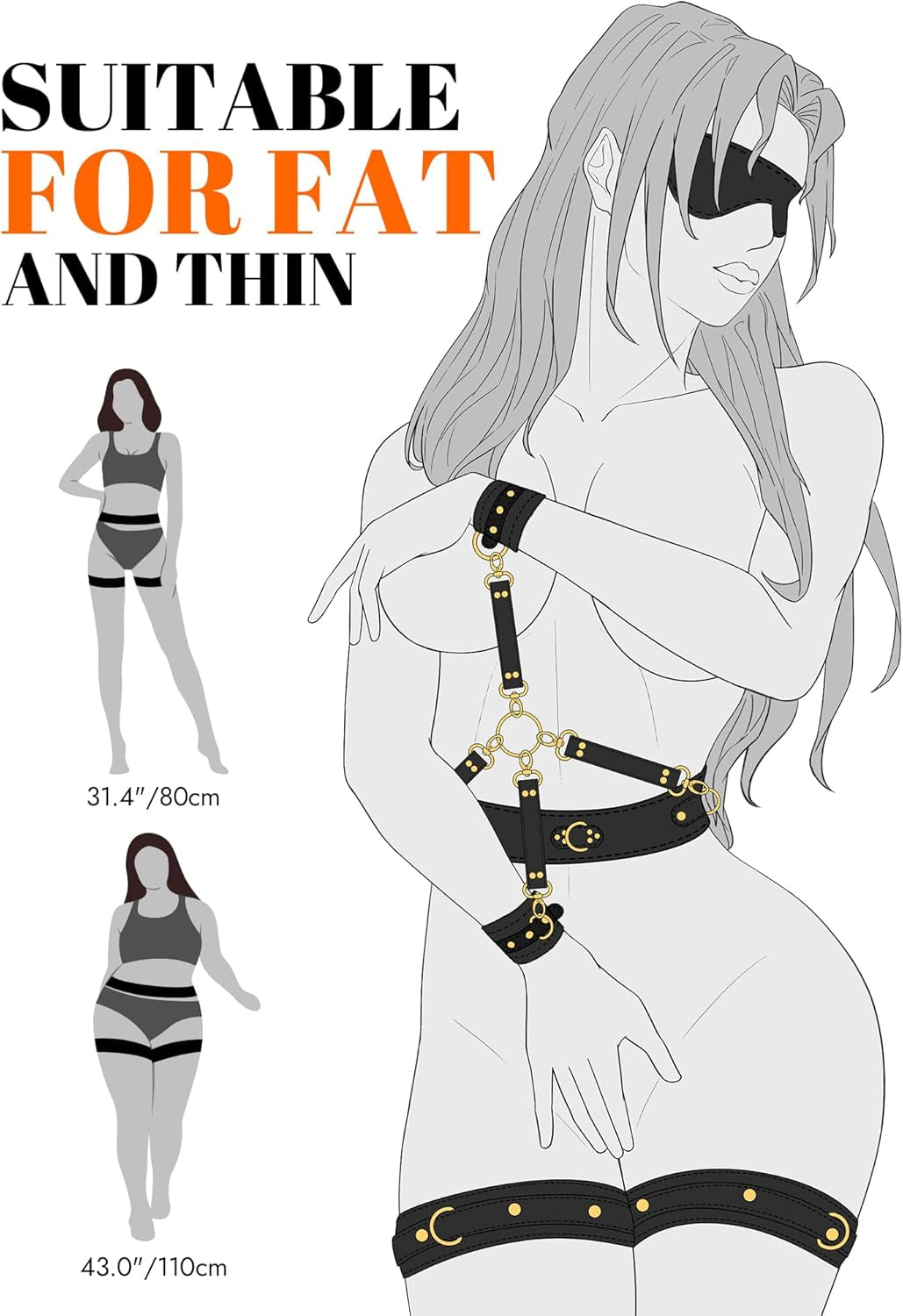 Sex Bondage BDSM Kit Restraints Adult SM 6PCS Sets with Adjustable Handcuffs Ankle Cuff Thigh Cuffs Waist Strap Blindfold Cross Strap Sex Toys for Men Women and Couples, Black