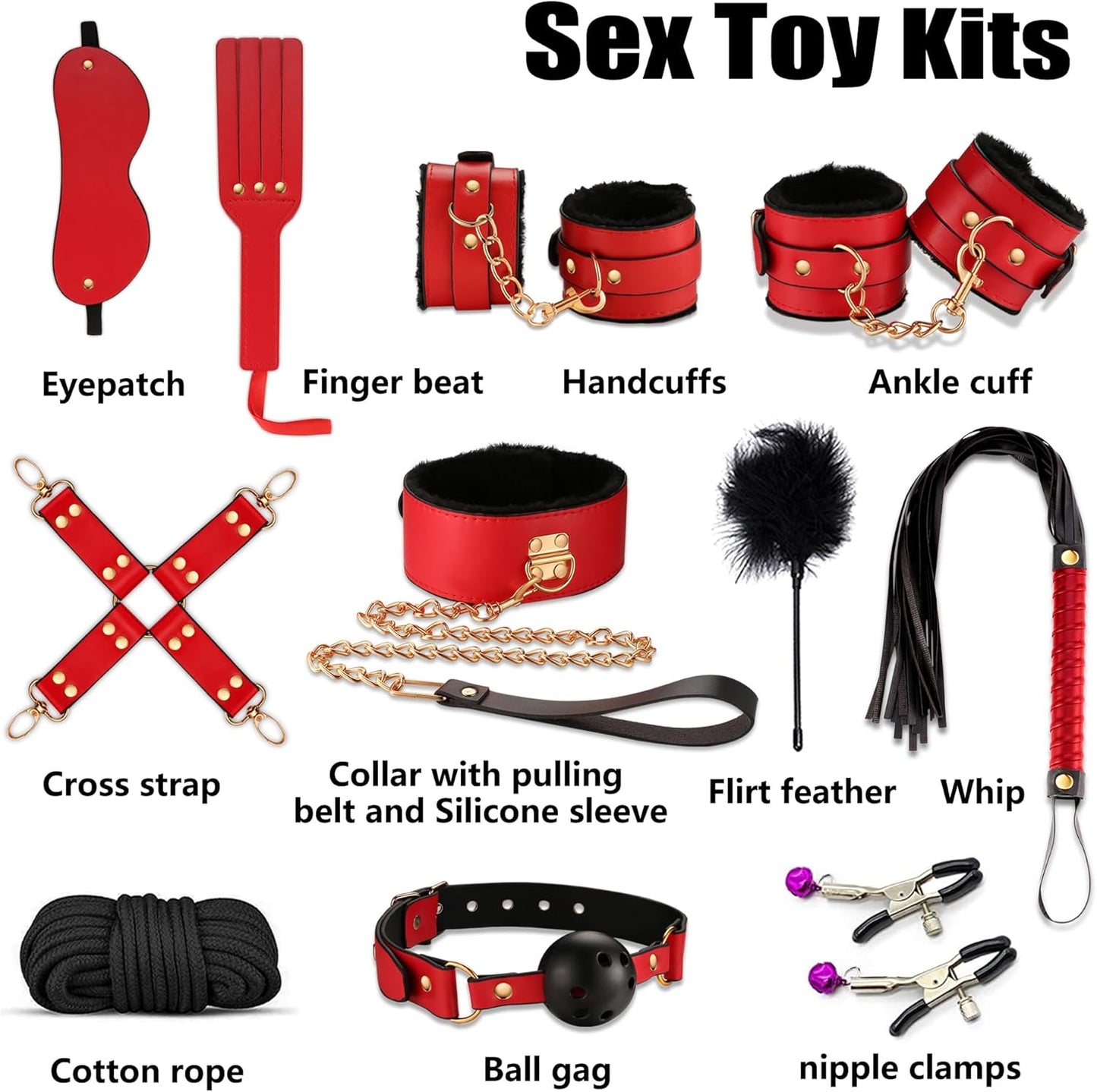 BDSM Adult Toys Bondage Restraints，Couples Sex Toys with Anal Toys and Adjustable Handcuffs Collar Ankle Cuff Blindfold Feather Tickler