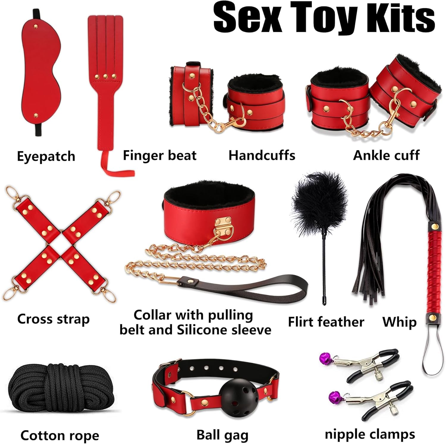 BDSM Adult Toys Bondage Restraints，Couples Sex Toys with Anal Toys and Adjustable Handcuffs Collar Ankle Cuff Blindfold Feather Tickler