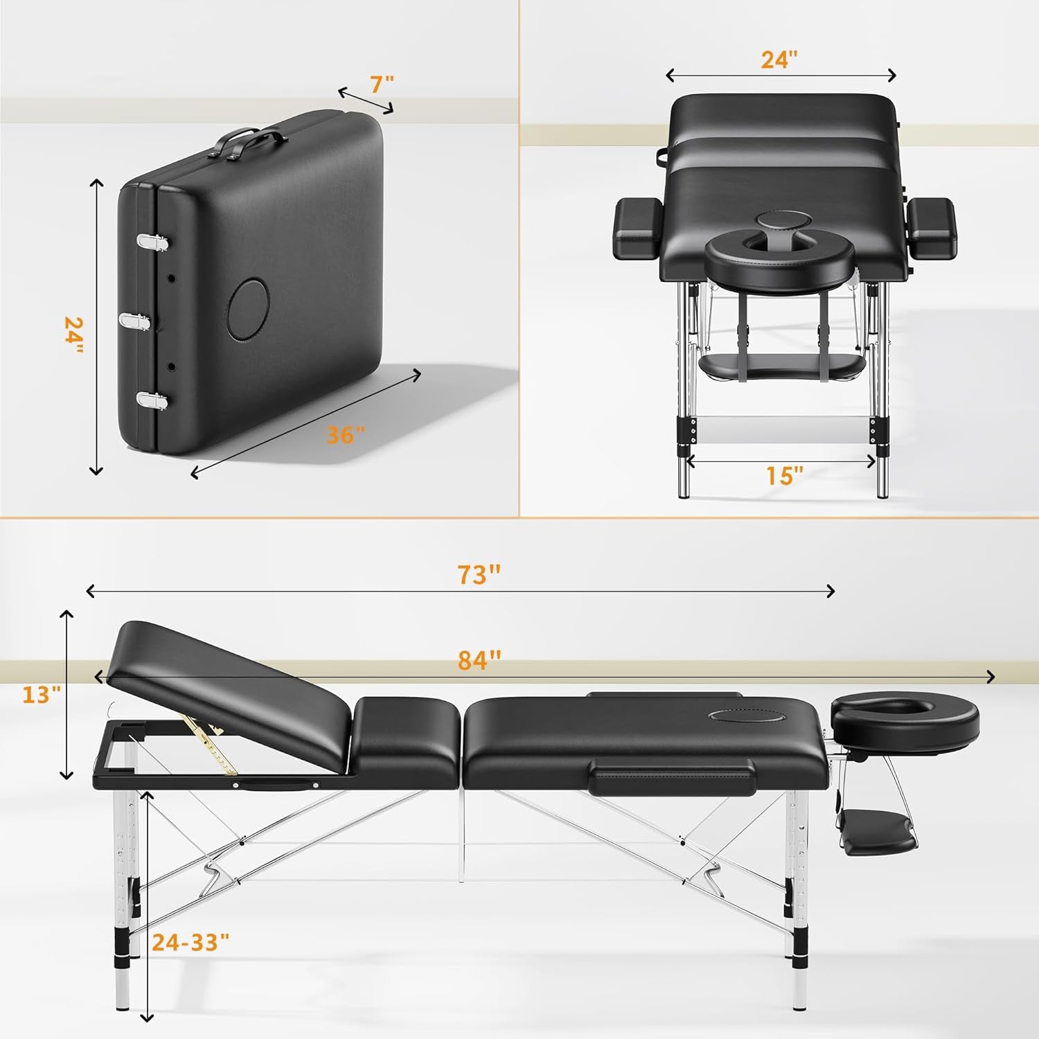 Massage Table Portable 84" Long 24" Wide Professional 3 Sections Reclining Massage Couch, Aluminum Adjustable Esthetician Bed Tattoo Table SPA Lash Salon Bed with Carrying Bag (Black)