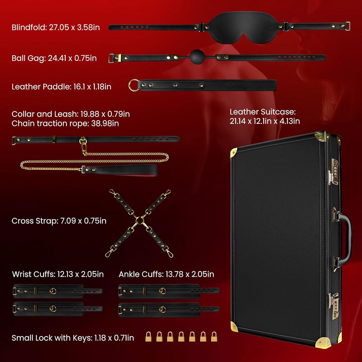 Lockable Sex Bondage BDSM Kits with Suitcase, 7 Pcs Leather Adjustable Restraints Set with Small Lock and Keys,Adult Sex Toys for Couple Beginner SM Game Play