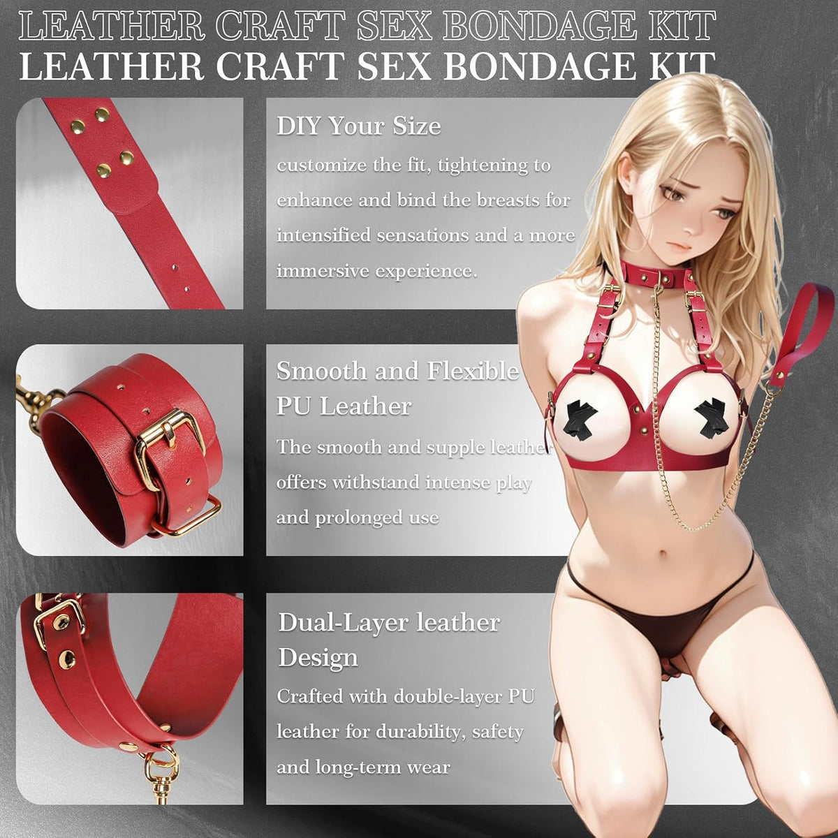 ScarletCage Adjustable Leather Chest Harness with Collar and Cuffs