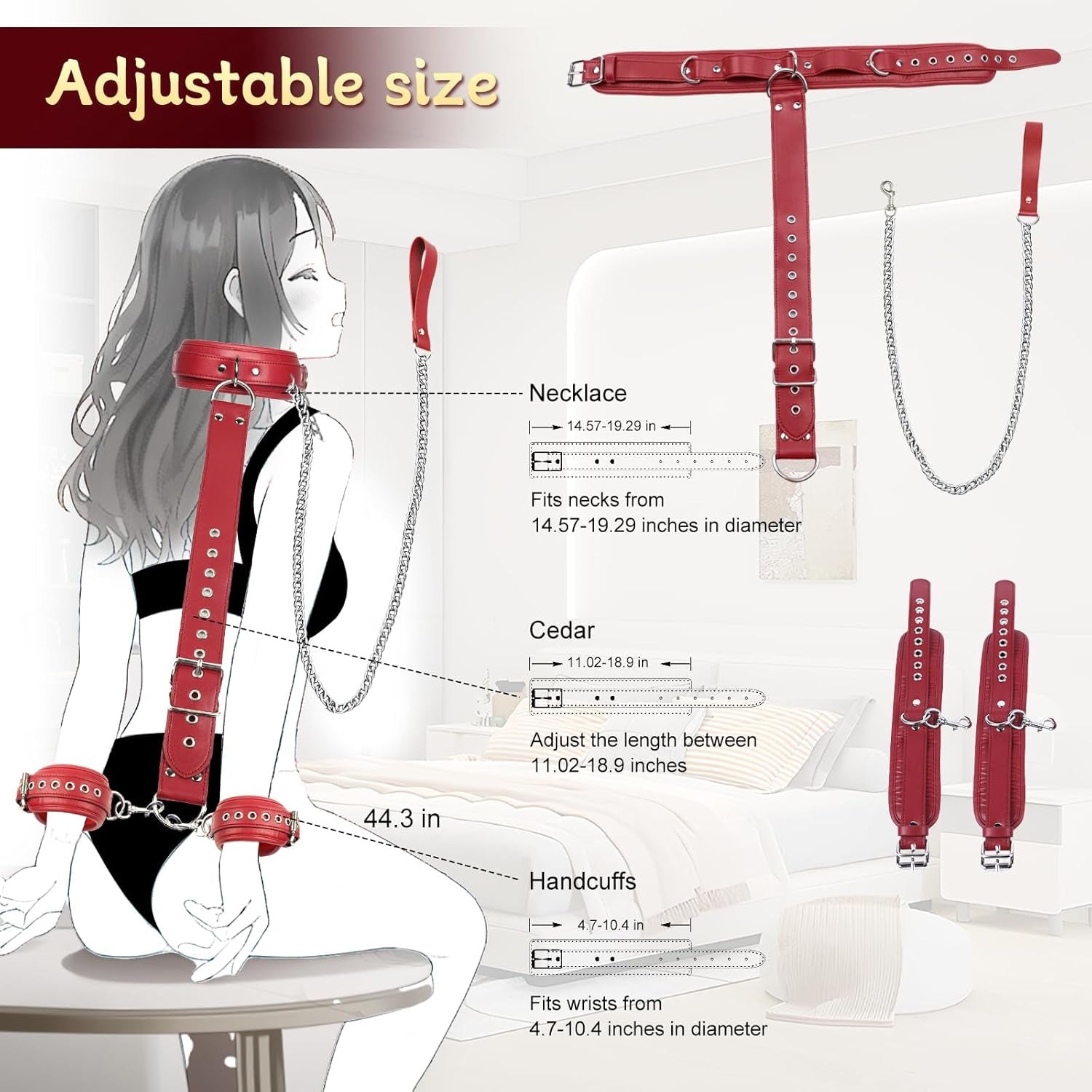 BDSM Bondage Sex Restraints Set Couples Sex Toys, Neck to Wrist Restraints Kit with Traction Chain Back Sex Handcuffs Collar Adjustable Bondage Gear Accessories SM Sexy Slave Beginner Role Play Games