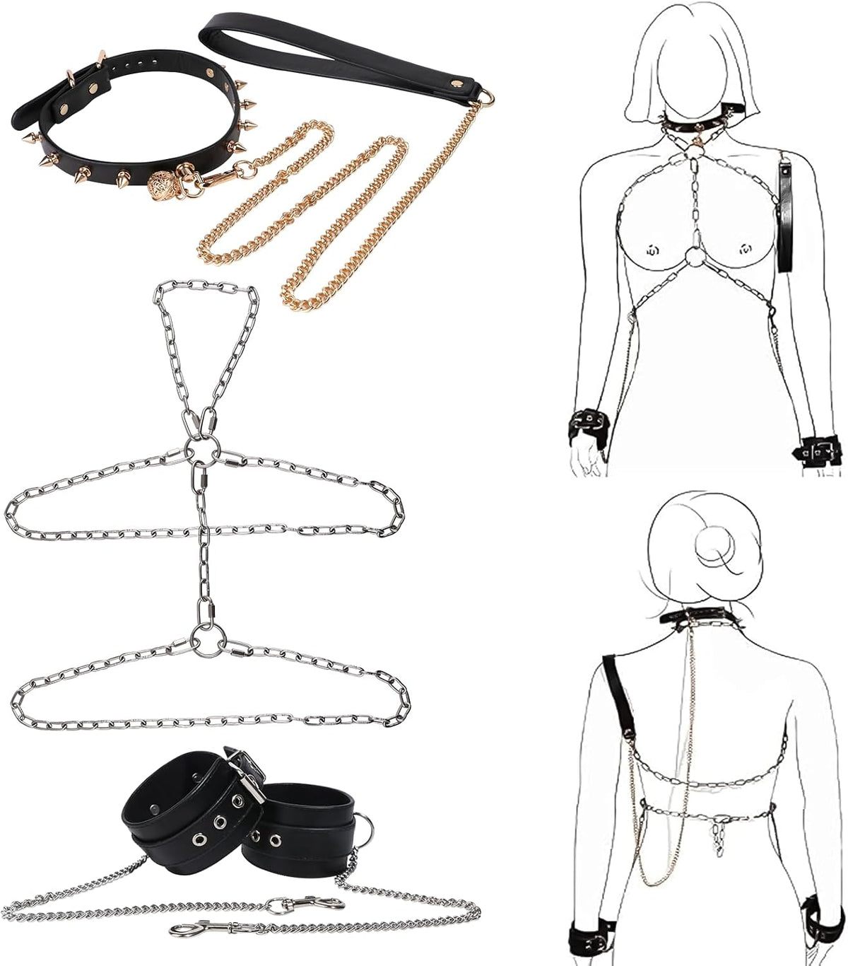 IronSilk BDSM Steel Chain Harness, Collar & Cuffs