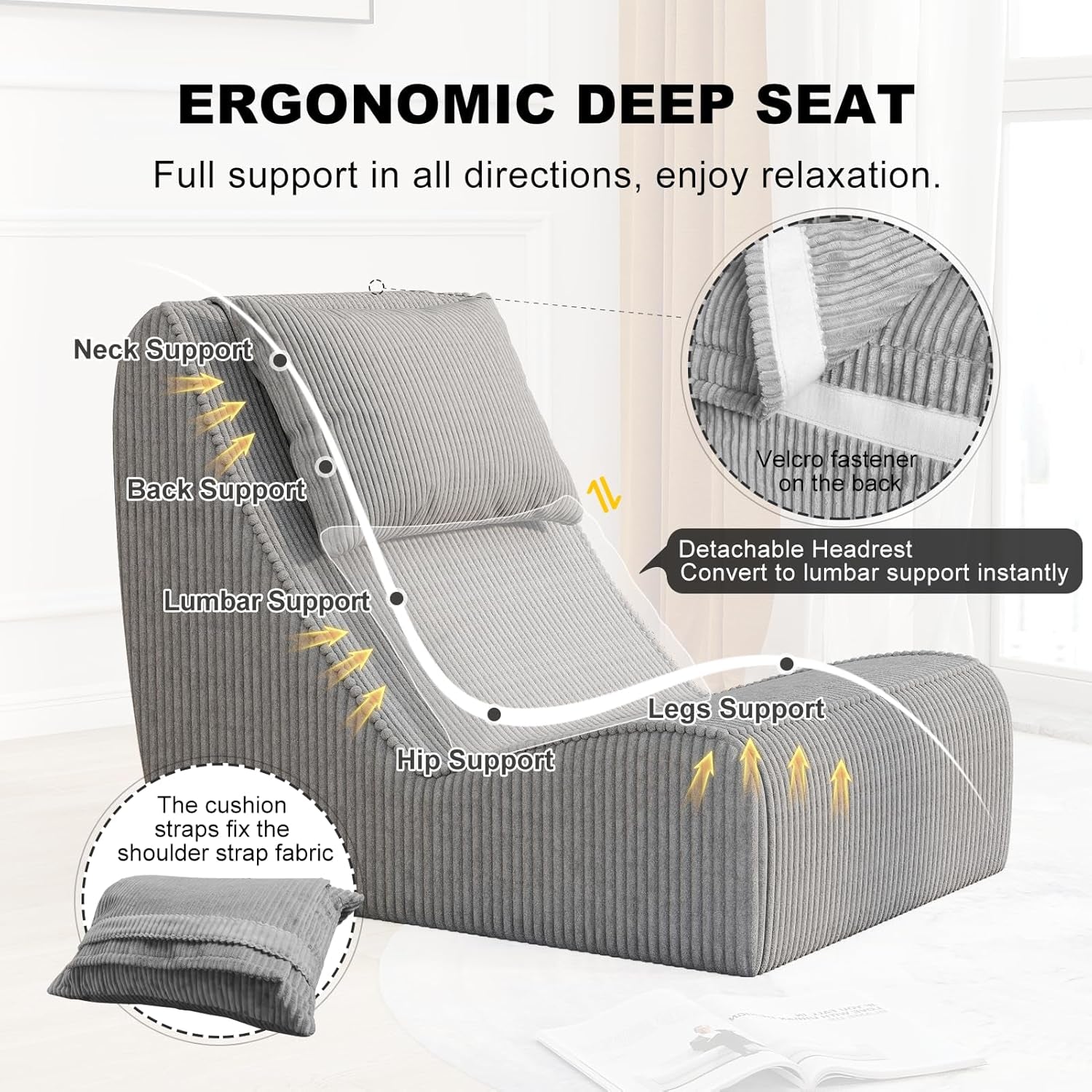 Giant Bean Bag Chair for Adults,Corduroy Chaise Lounge with Unrivaled Back Support, Detachable Neck Pillow, Comfortable Ottoman & Washable Cover for Living Room, Bedroom, Garden (Grey)